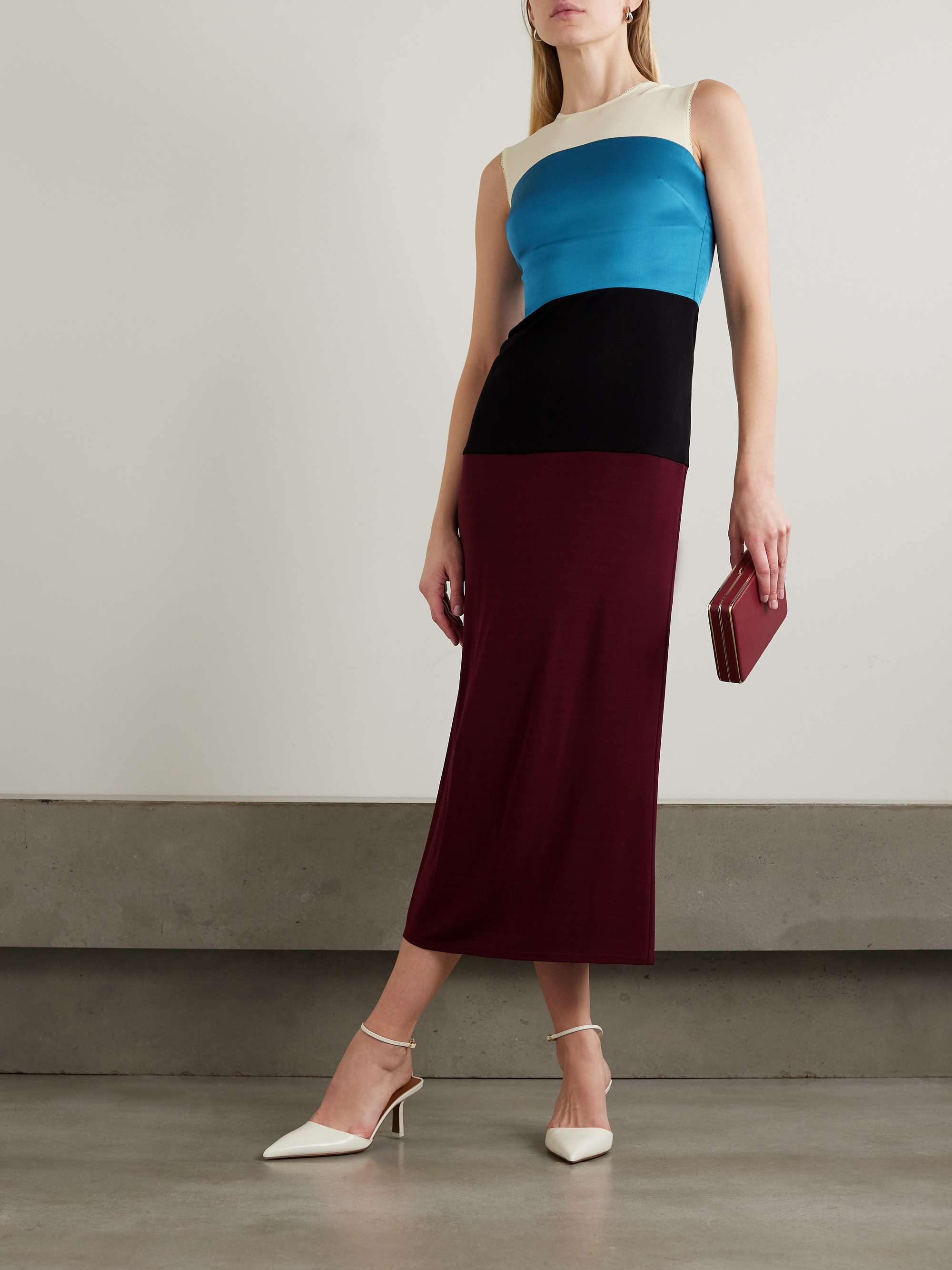 TORY BURCH Color block stretch mesh jersey and satin midi dress NET A PORTER