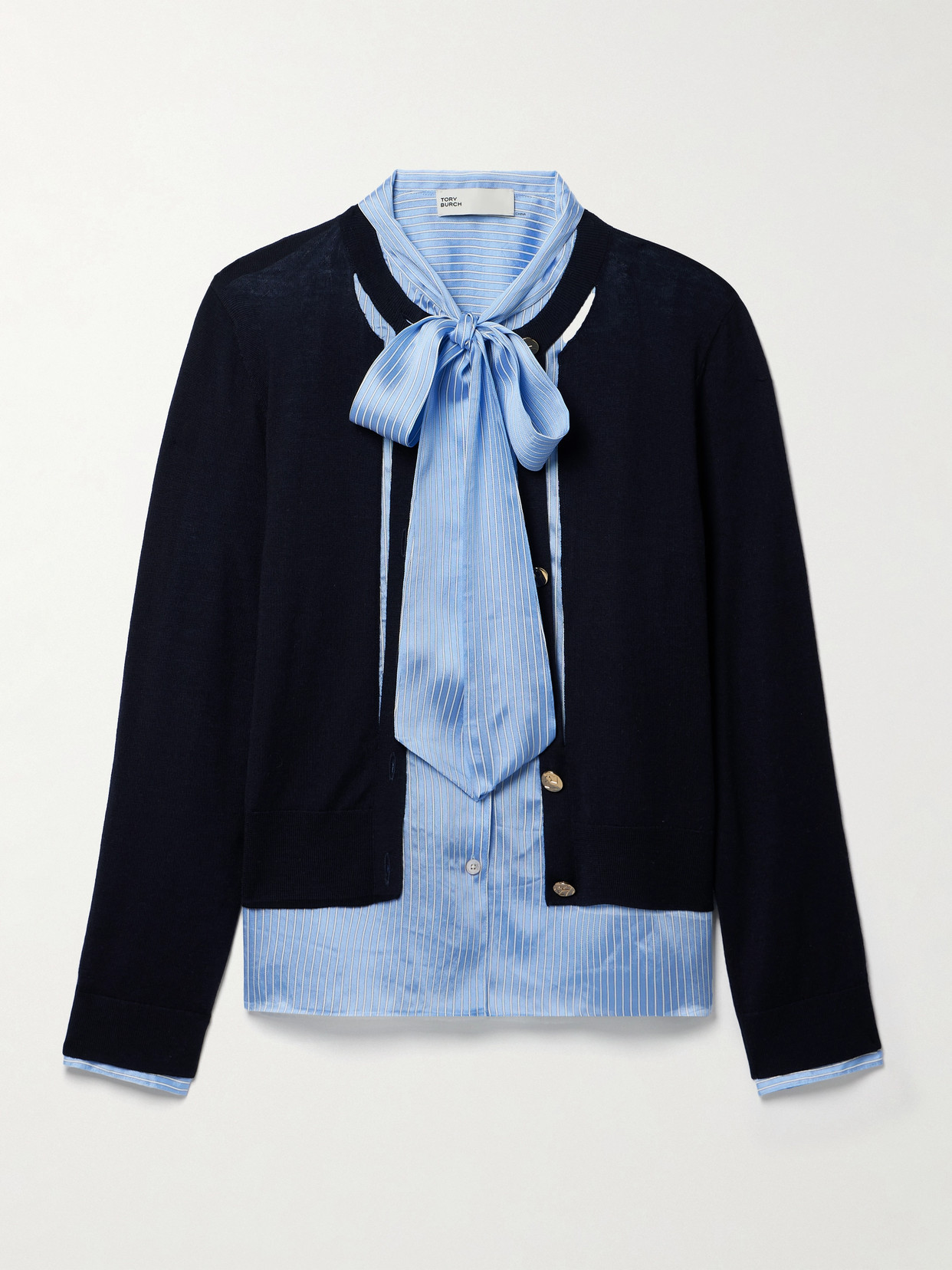 Tory Burch - Pussy-bow Layered Merino Wool And Striped Piqué Top - Blue