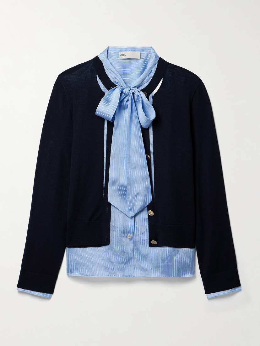 Tory Burch Pussy-bow Layered Merino Wool And Striped Piqué Top