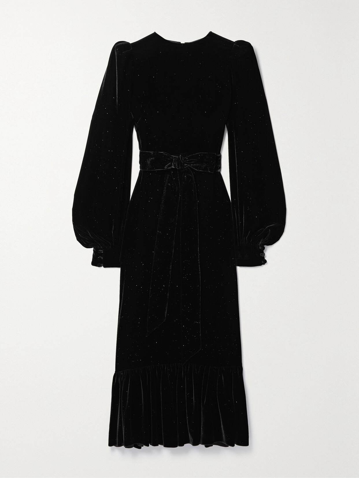 The Vampire's Wife The Villanelle Belted Glittered Velvet Midi Dress In Black