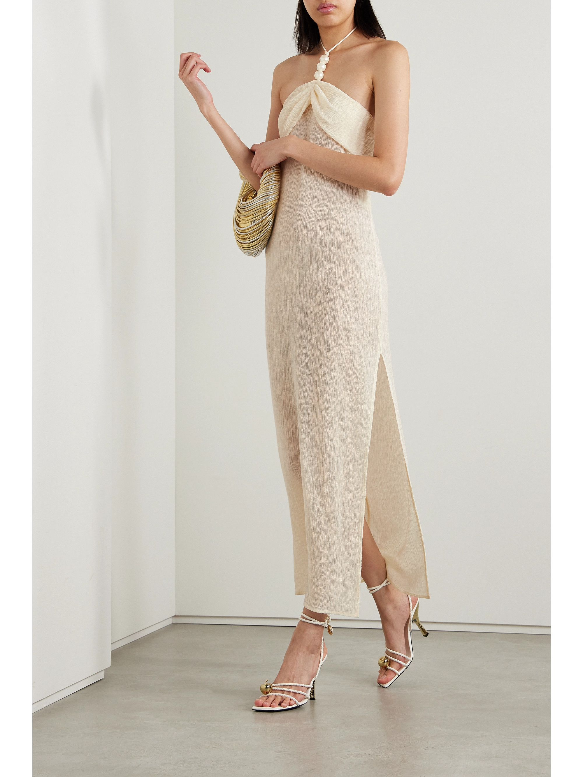 Magda Butrym Embellished gathered stretch Lyocell-blend halterneck maxi dress