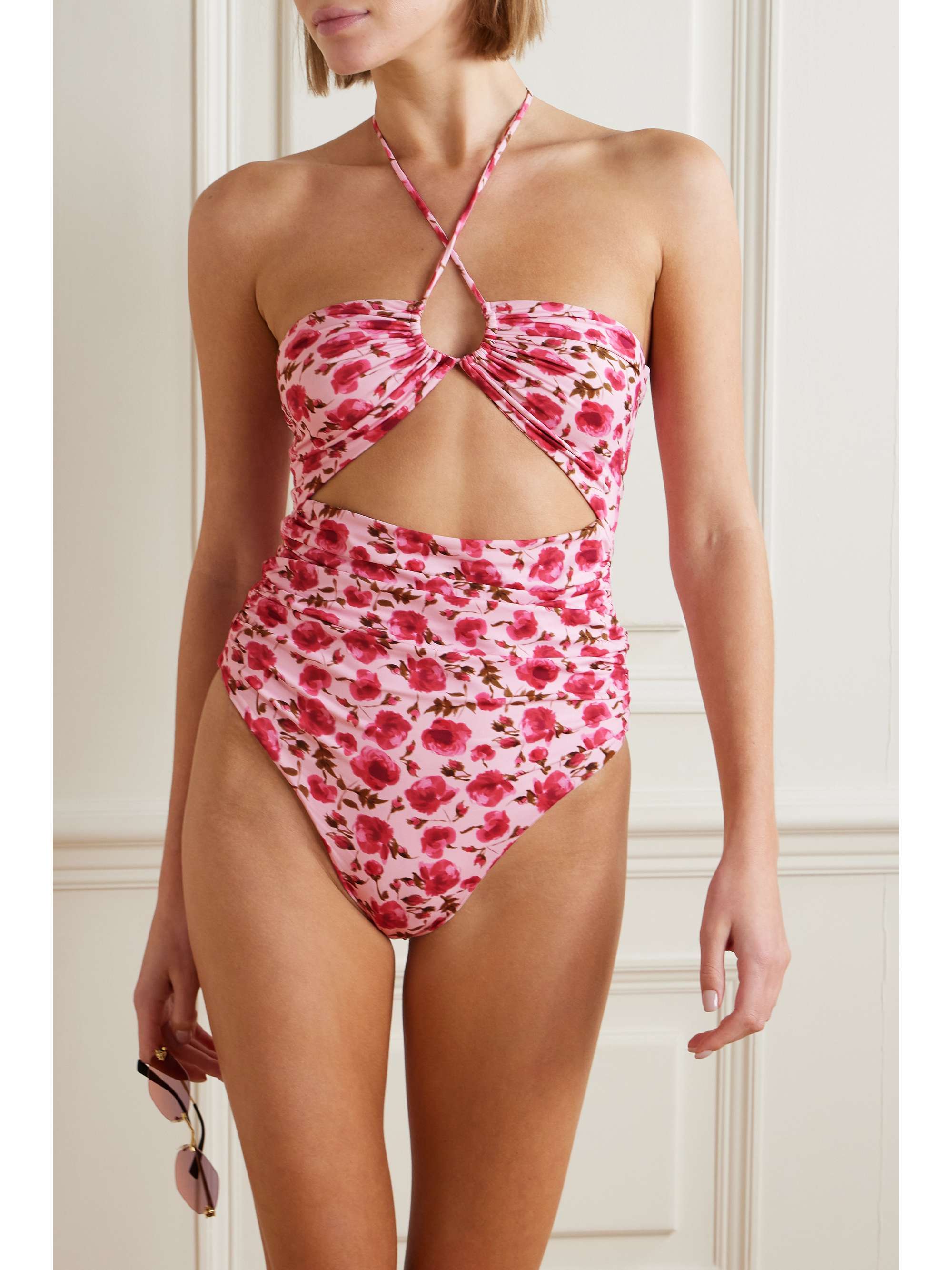 MAGDA BUTRYM Cutout ruched floral-print halterneck swimsuit