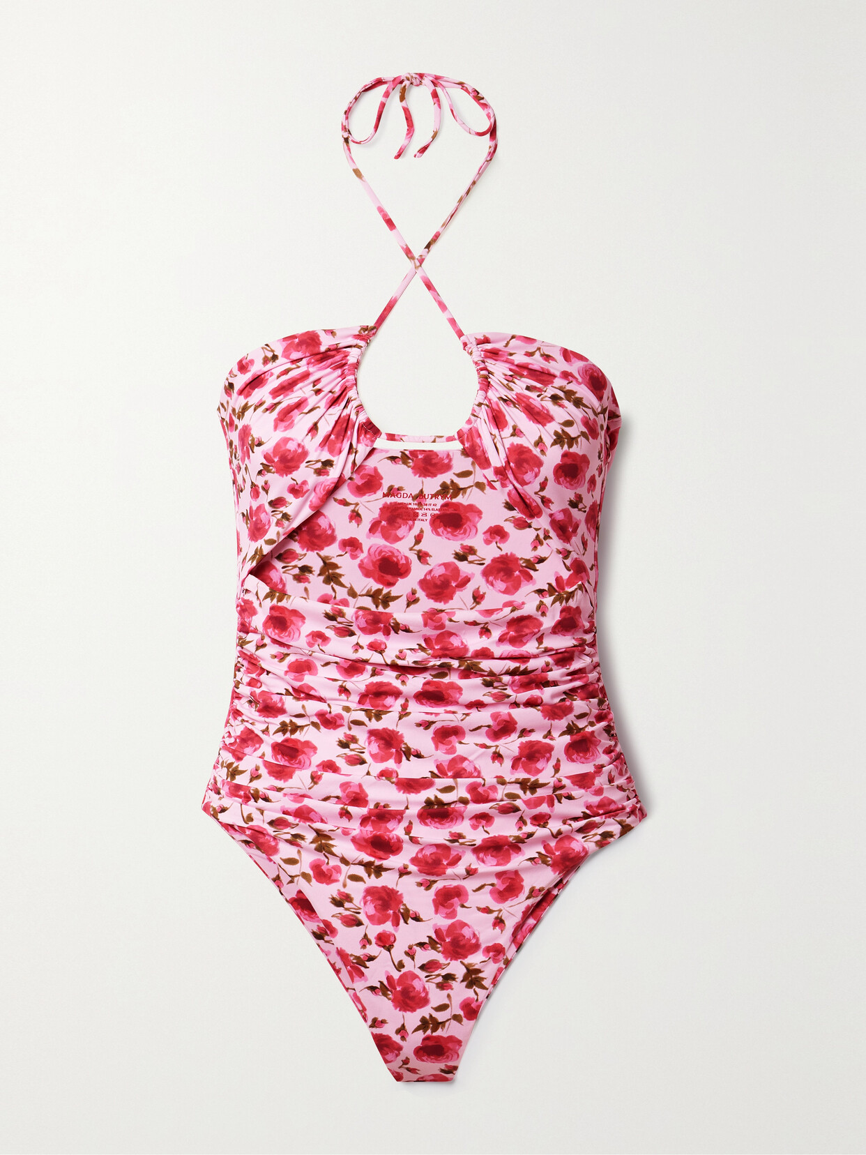 Magda Butrym Cutout Ruched Floral-print Halterneck Swimsuit In Pink