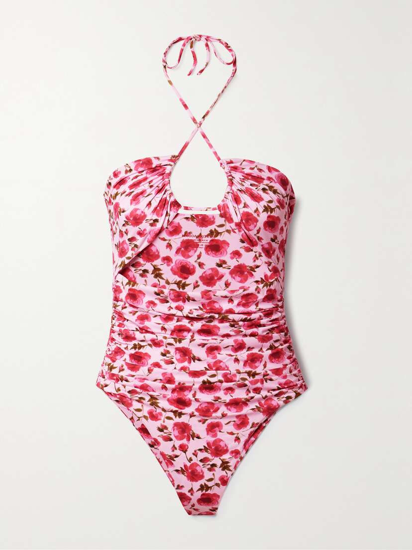 Magda Butrym Cutout Ruched Floral-print Halterneck Swimsuit