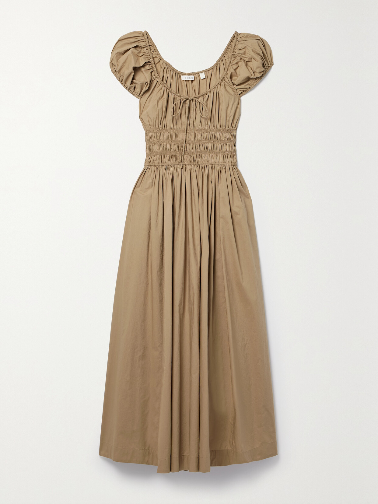 DÔEN - + Net Sustain Quinn Tie-detailed Shirred Organic Cotton-poplin Midi Dress - Brown