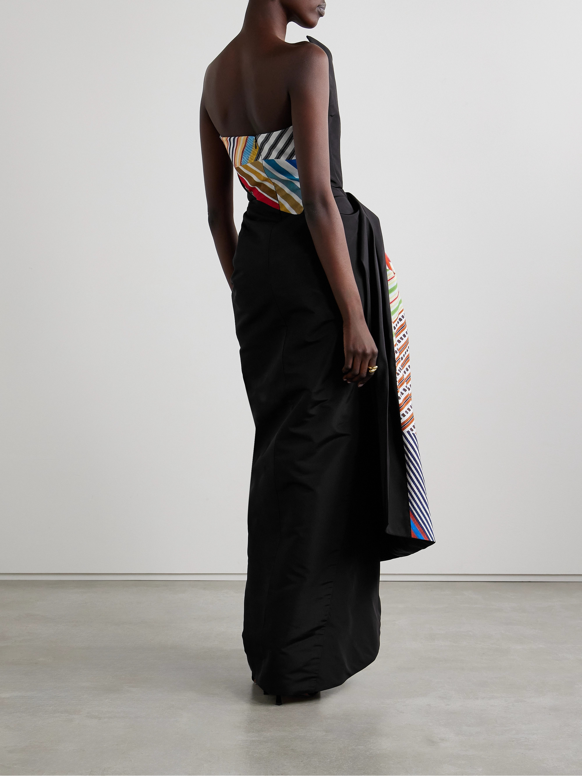 Rosie Assoulin Strapless draped striped cotton and linen-blend trimmed silk-faille maxi dress