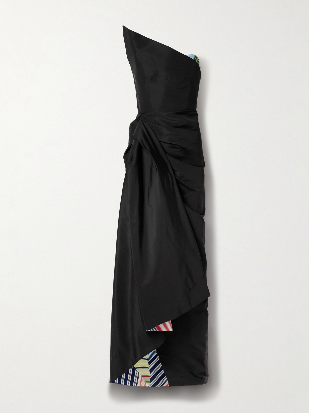 Rosie Assoulin Strapless Draped Striped Cotton And Linen-blend Trimmed Silk-faille Maxi Dress In Black