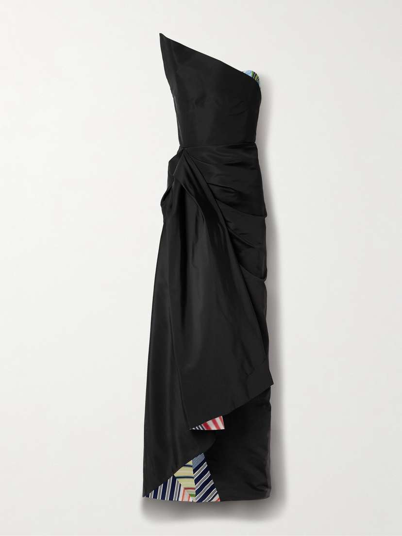 Rosie Assoulin Strapless Draped Striped Cotton And Linen-blend Trimmed Silk-faille Maxi Dress