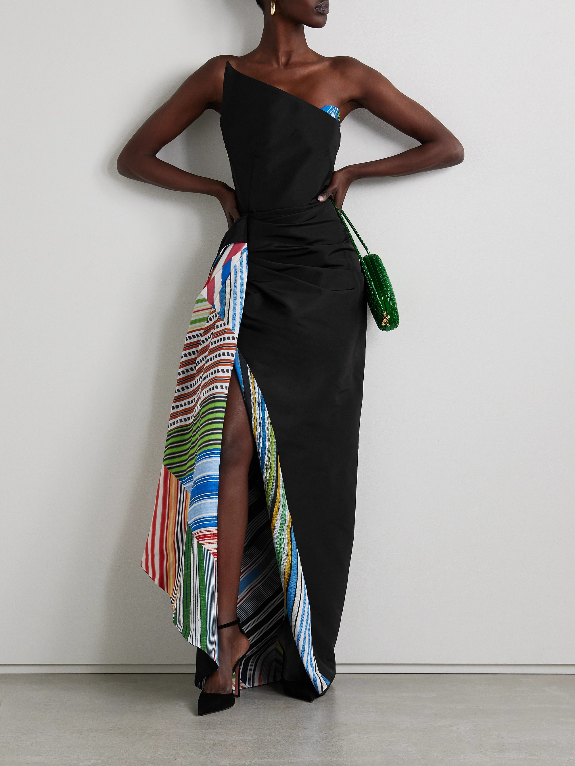 Rosie Assoulin Strapless draped striped cotton and linen-blend trimmed silk-faille maxi dress