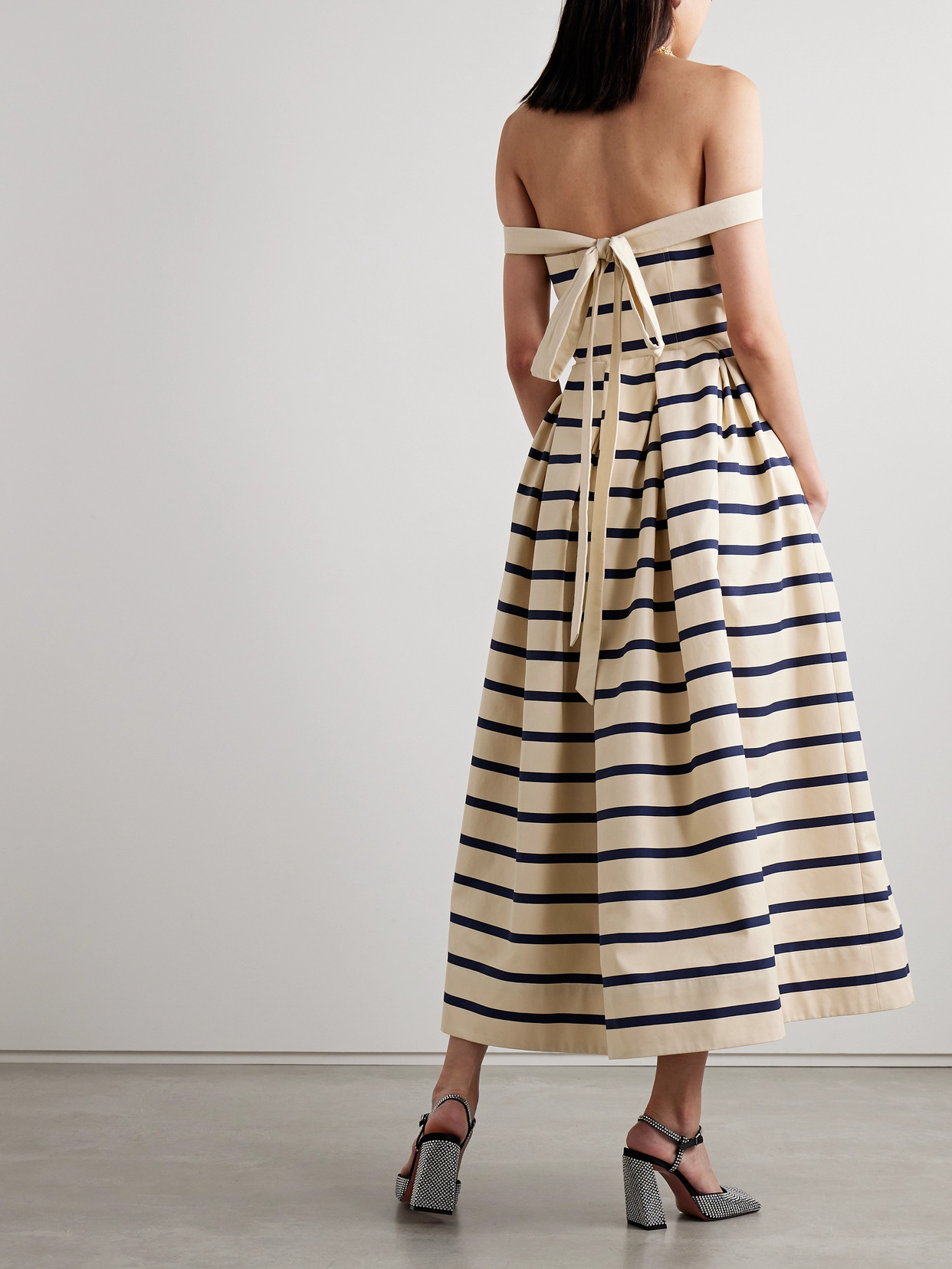 Shop Rosie Assoulin Port City Off-the-shoulder Pleated Striped Cotton-canvas Maxi Dress In Ivory