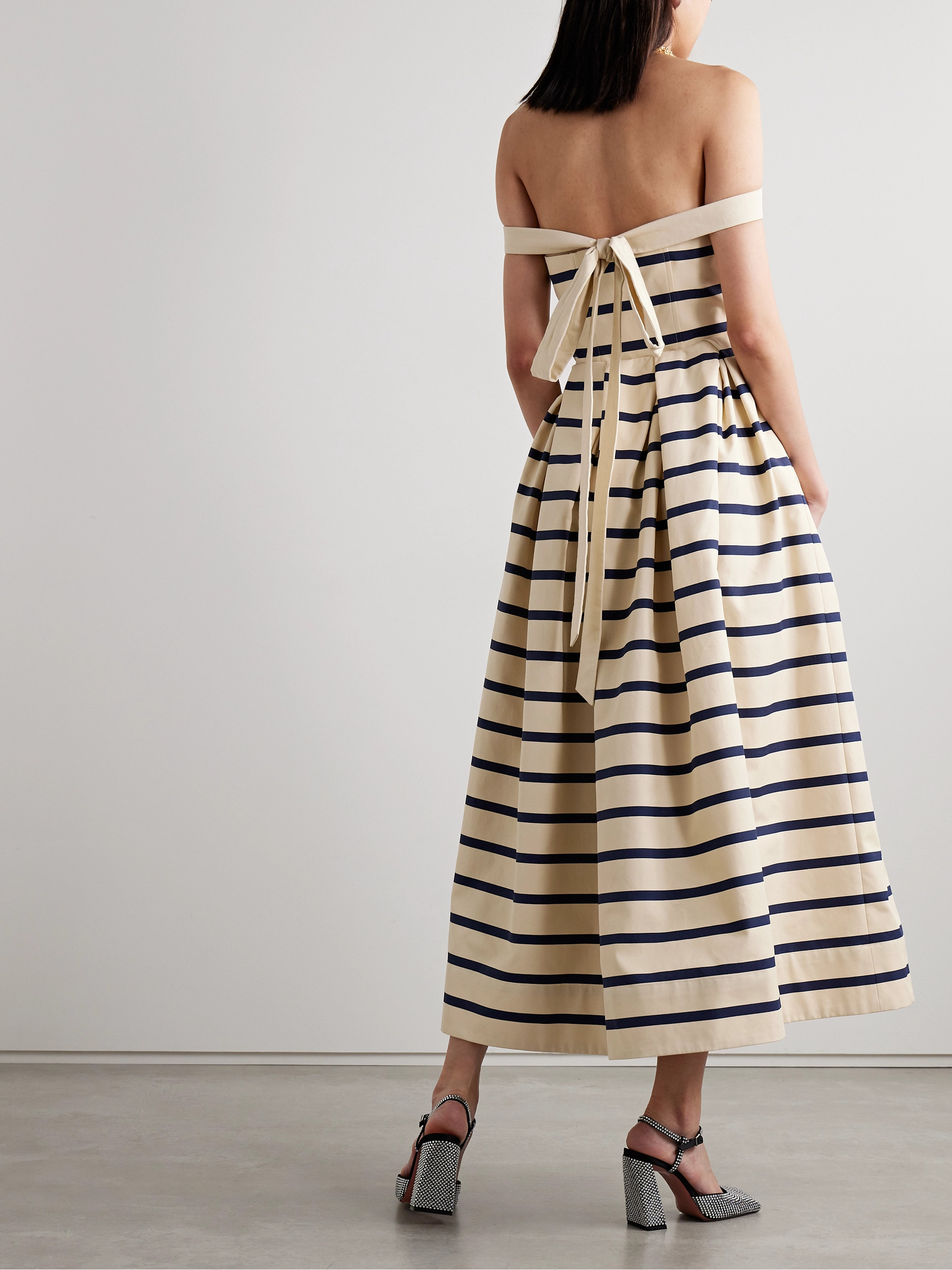 Rosie Assoulin Port City off-the-shoulder pleated striped cotton-canvas maxi dress
