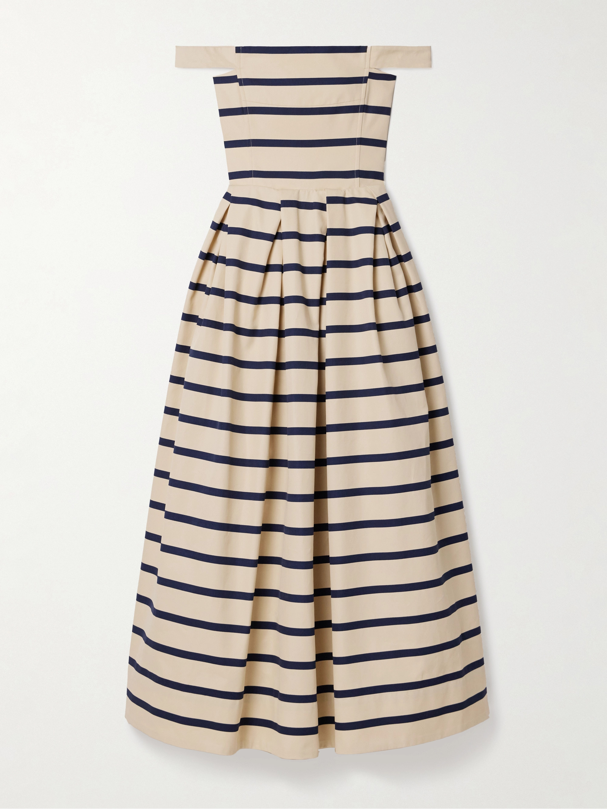 Rosie Assoulin Port City off-the-shoulder pleated striped cotton-canvas maxi dress