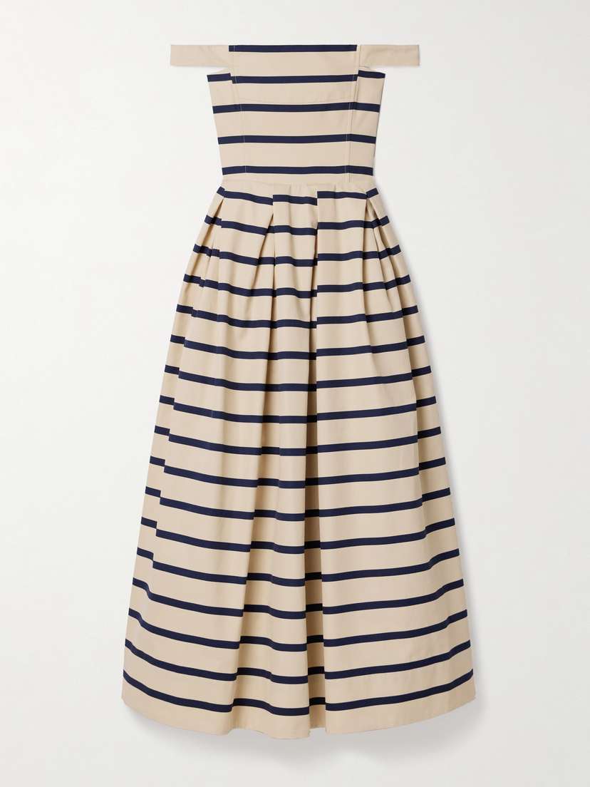 Rosie Assoulin Port City Off-the-shoulder Pleated Striped Cotton-canvas Maxi Dress