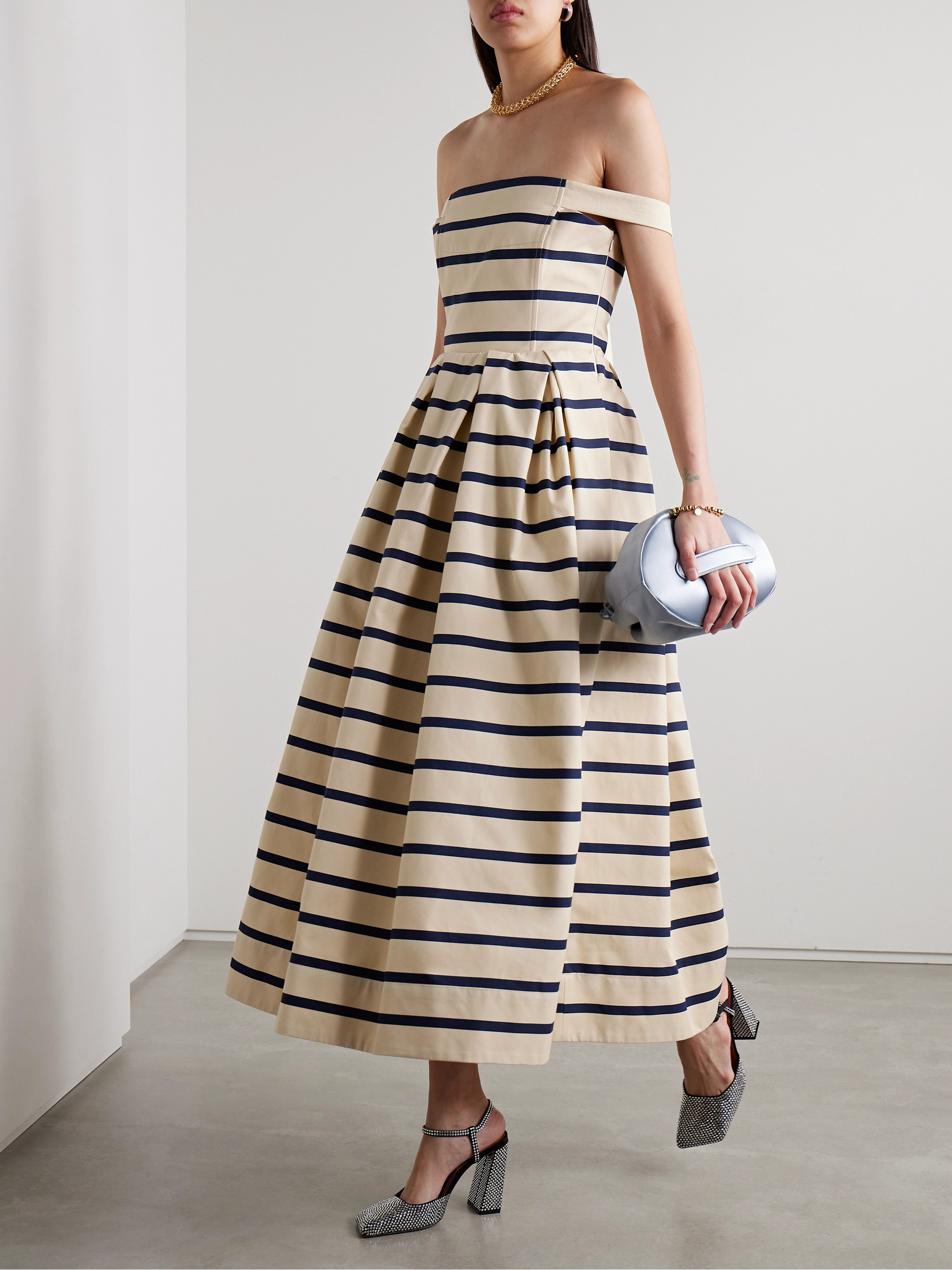 Rosie Assoulin Port City off-the-shoulder pleated striped cotton-canvas maxi dress