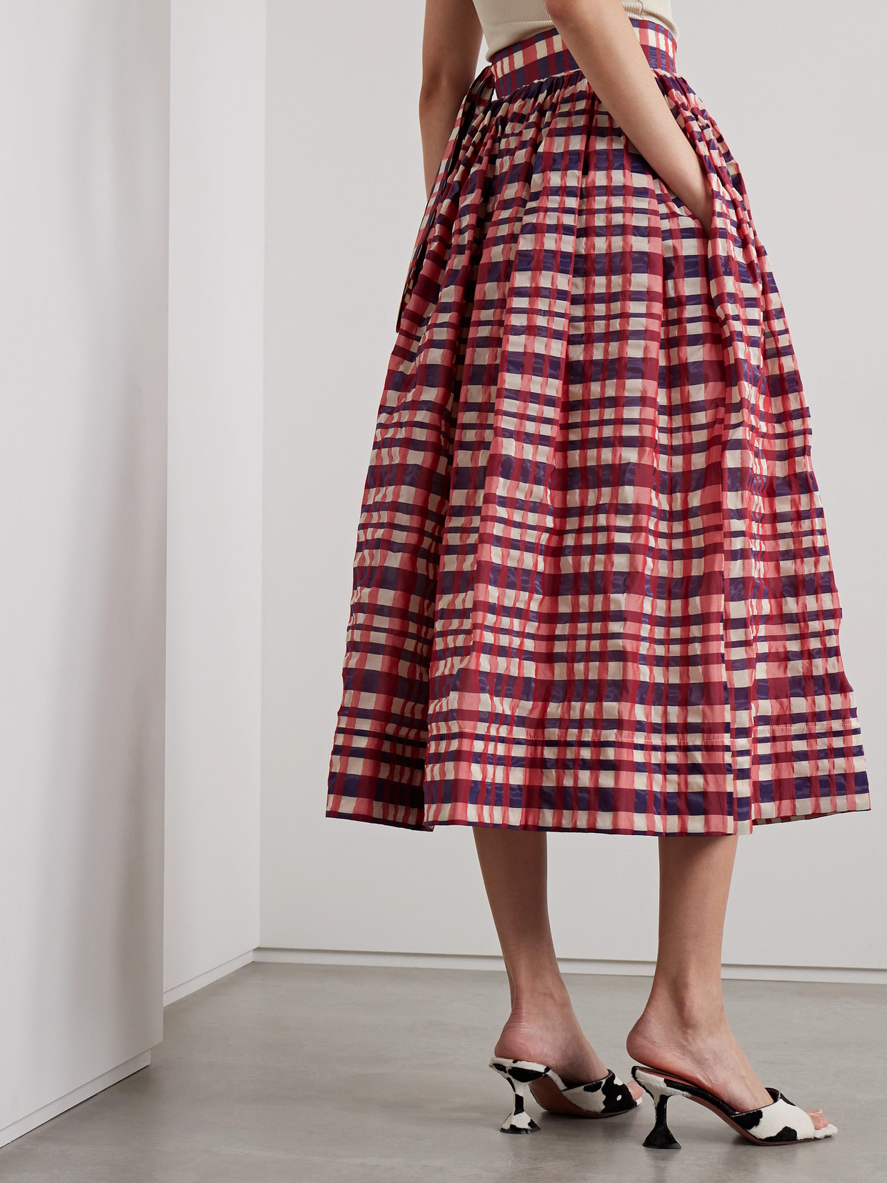 Rosie Assoulin Gathered Checked Organza And Taffeta Midi Skirt In Multi