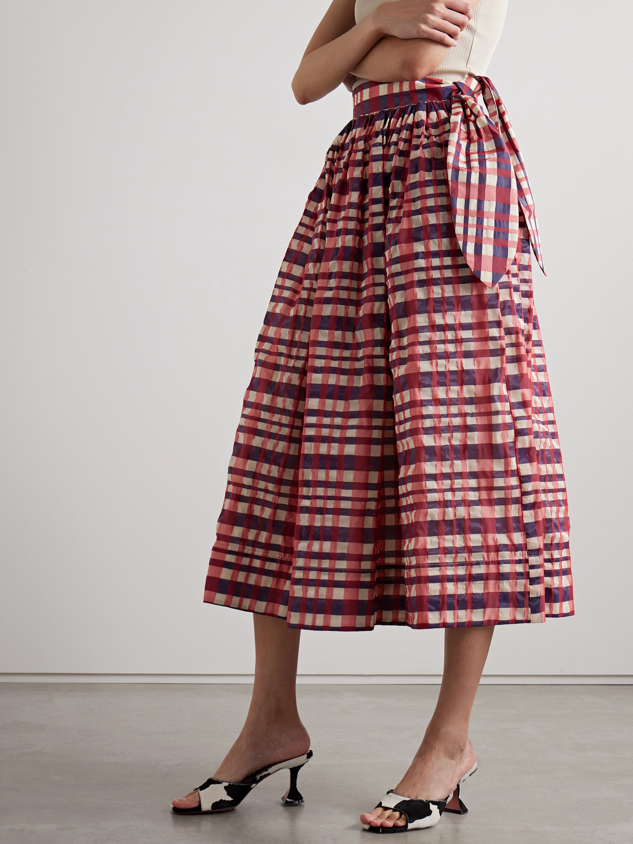 Shop Rosie Assoulin Gathered Checked Organza And Taffeta Midi Skirt In Multi