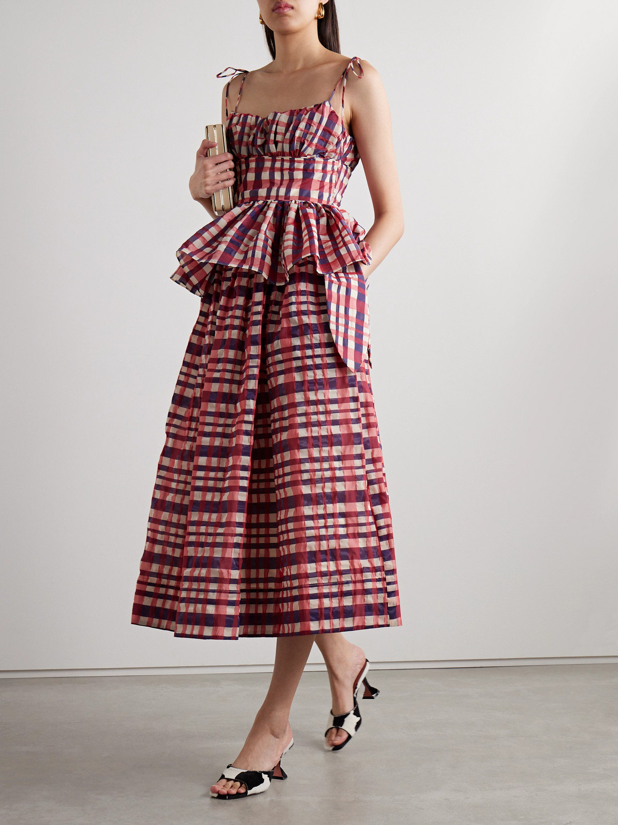Rosie Assoulin Gathered Checked Organza And Taffeta Midi Skirt In Multi