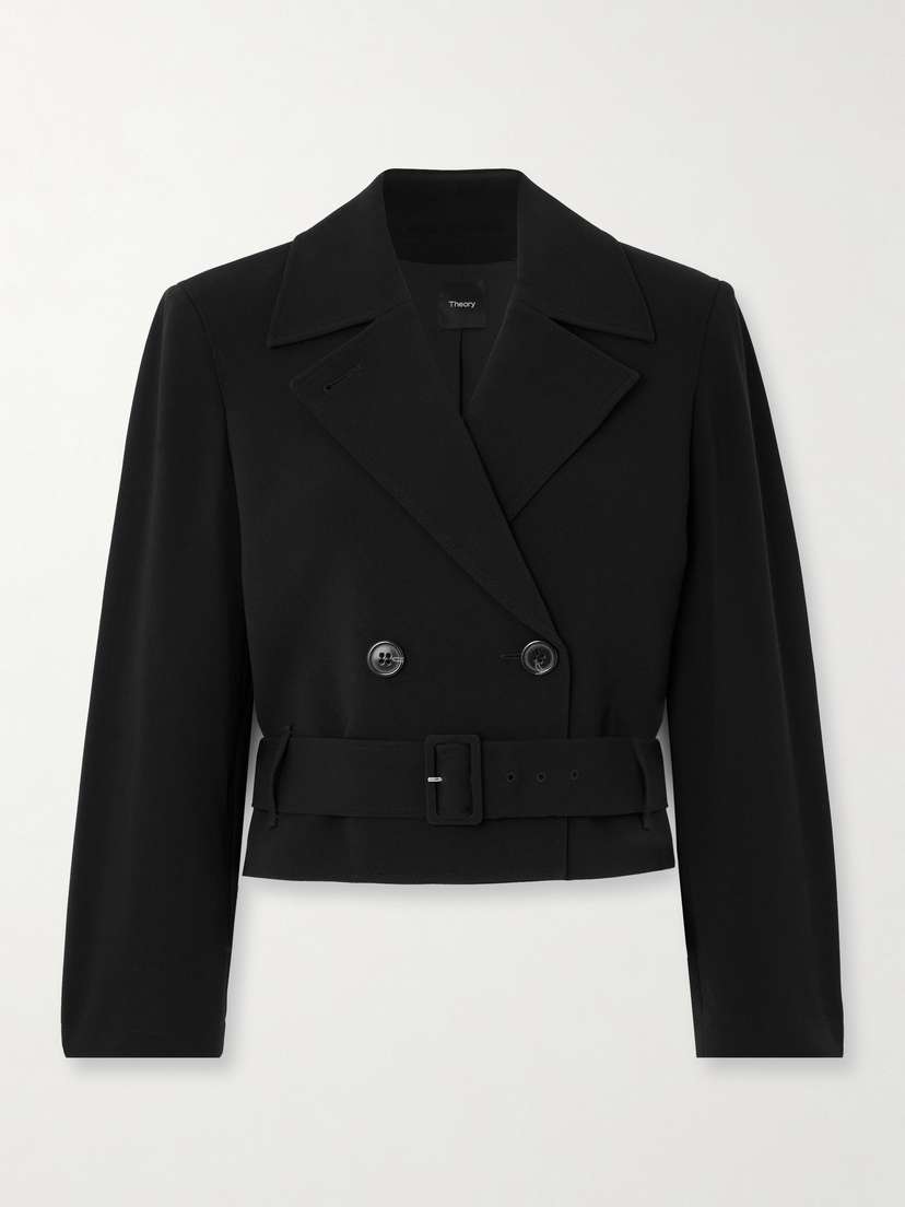 Theory Cropped Double-breasted Belted Crepe Jacket