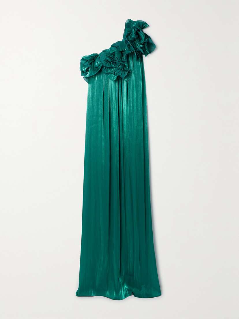 Costarellos One-shoulder Appliquéd Lamé Gown