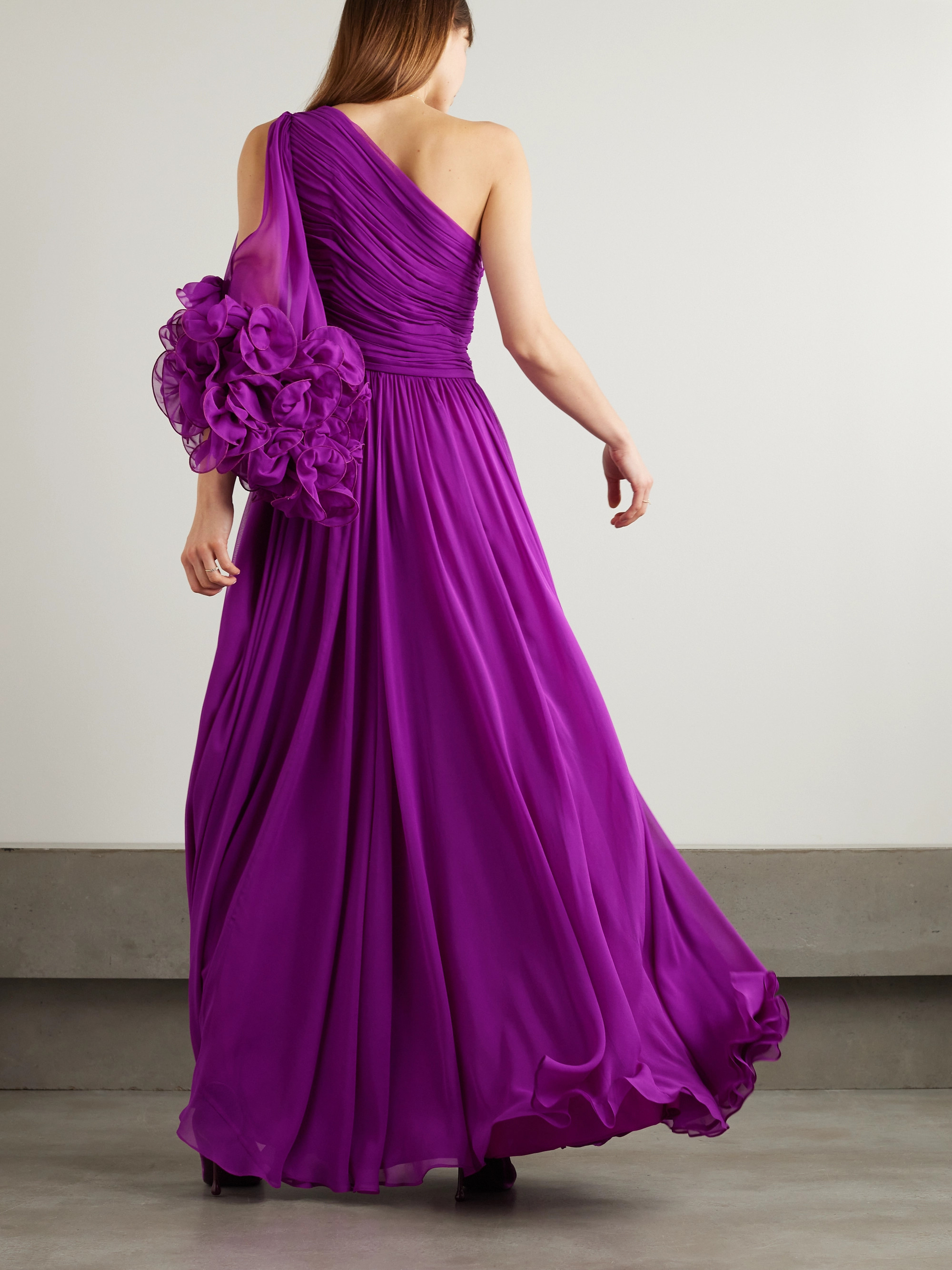 Costarellos Aziza one-sleeve ruffled gathered silk-georgette gown