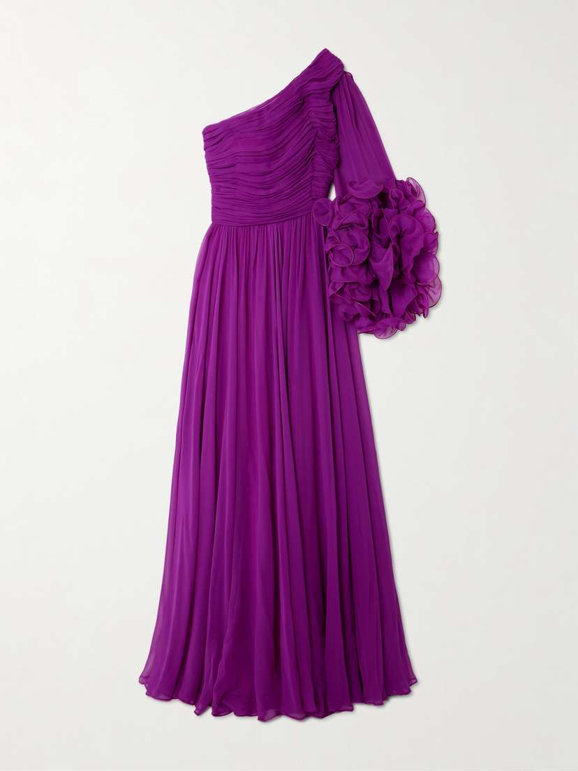 Costarellos Aziza One-sleeve Ruffled Gathered Silk-georgette Gown