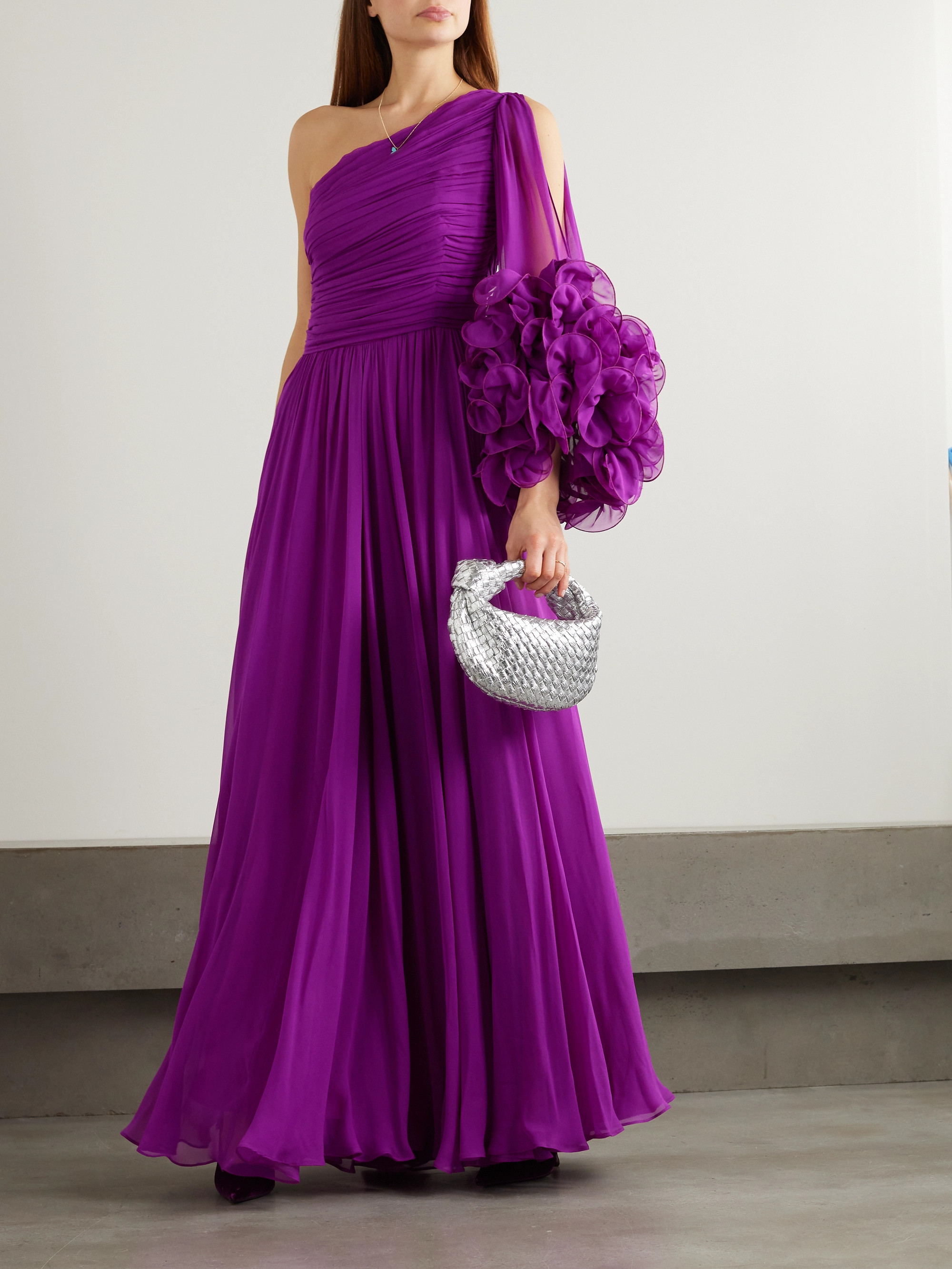 Costarellos Aziza one-sleeve ruffled gathered silk-georgette gown