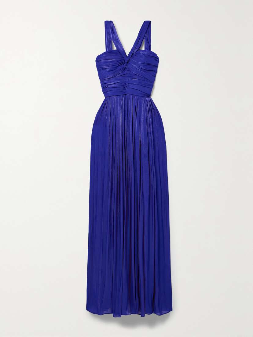 Costarellos Twist-front Pleated Metallic Crepon Gown
