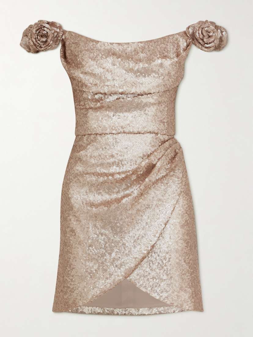 Costarellos Off-the-shoulder Appliquéd Draped Sequined Crepe Mini Dress