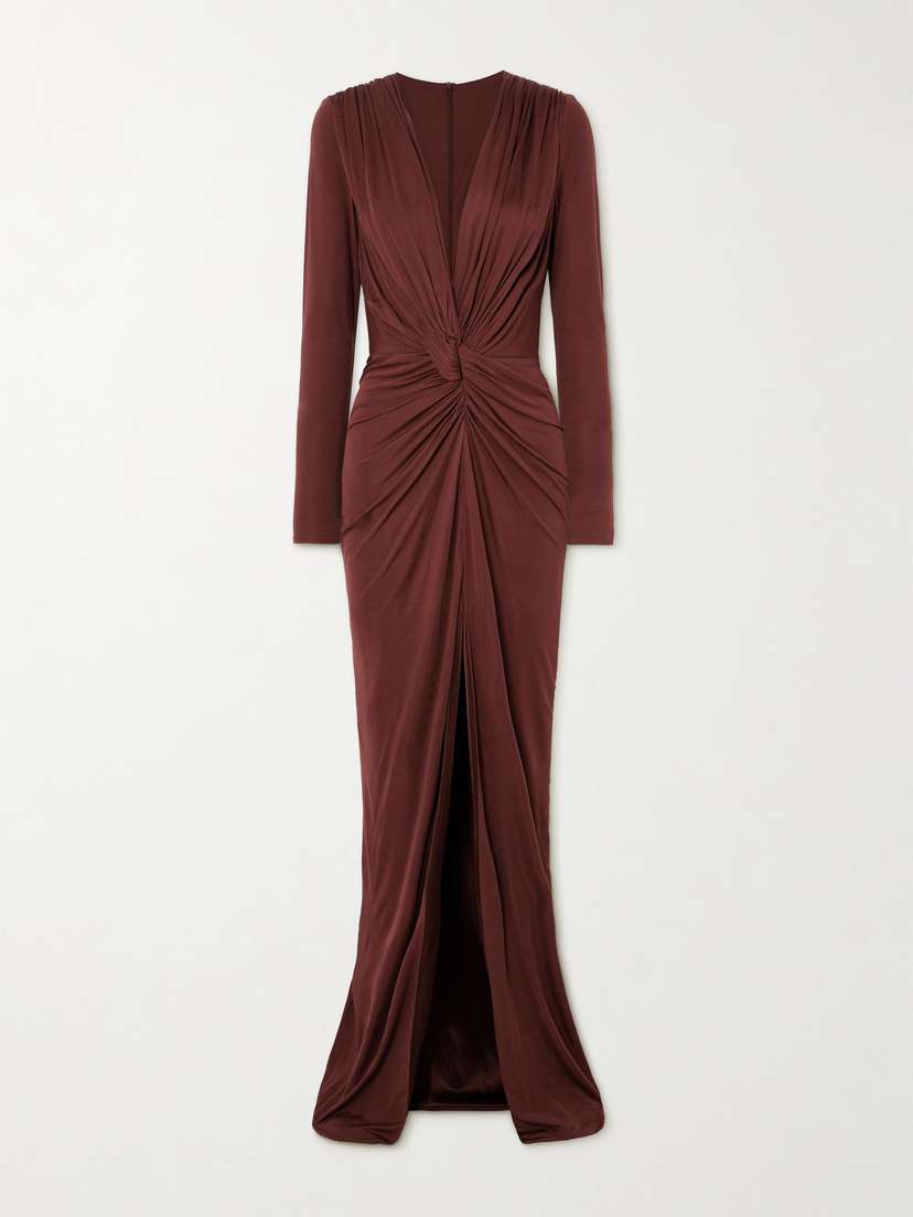 Costarellos Twist-front Cutout Satin-jersey Gown