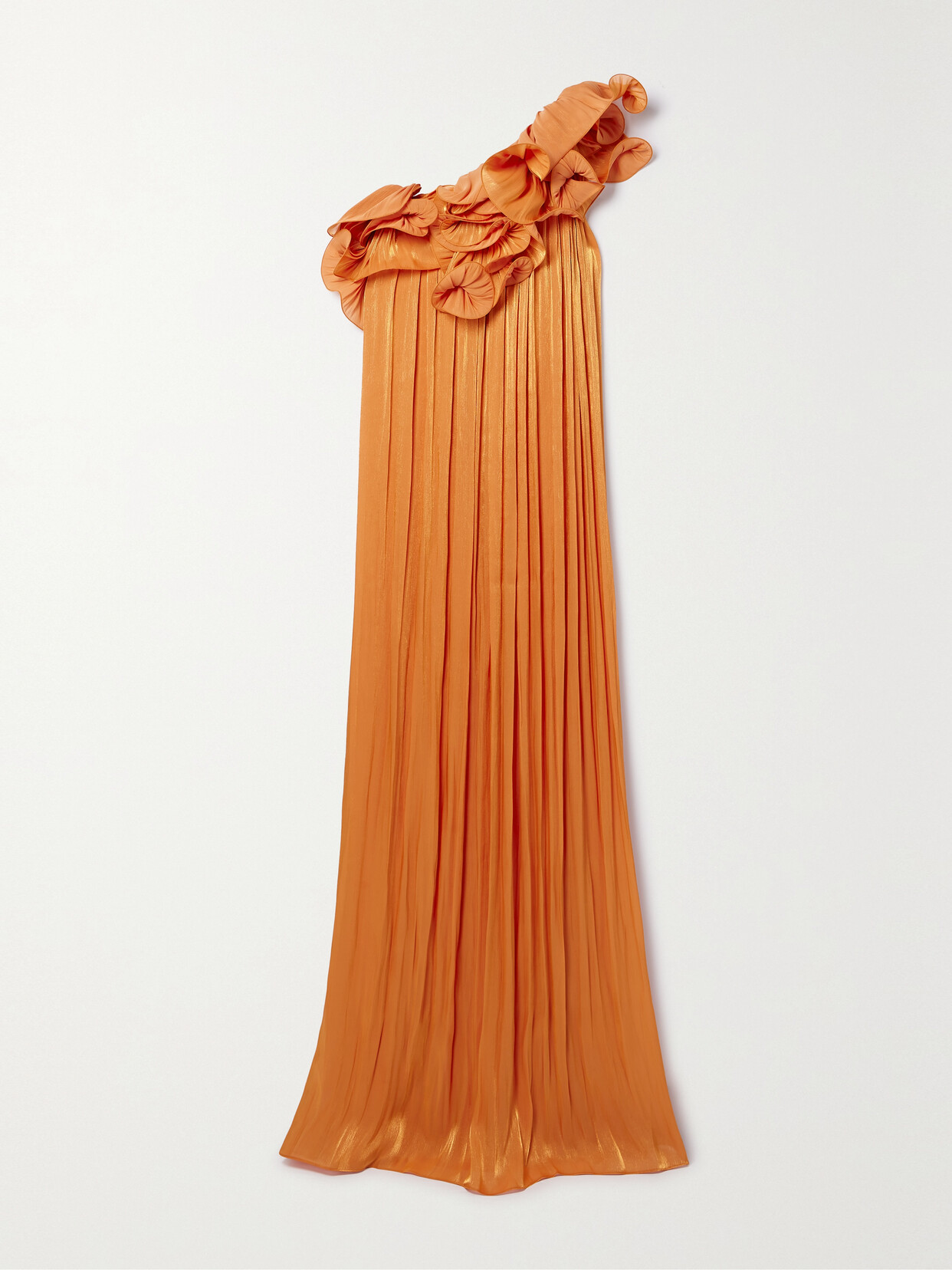 COSTARELLOS ONE-SHOULDER APPLIQUÉD LAMÉ GOWN