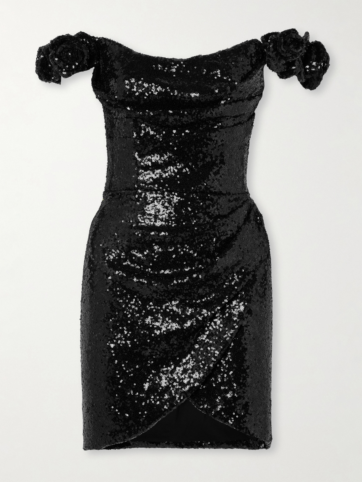 Costarellos Off-the-shoulder Appliquéd Draped Sequined Crepe Mini Dress - Black