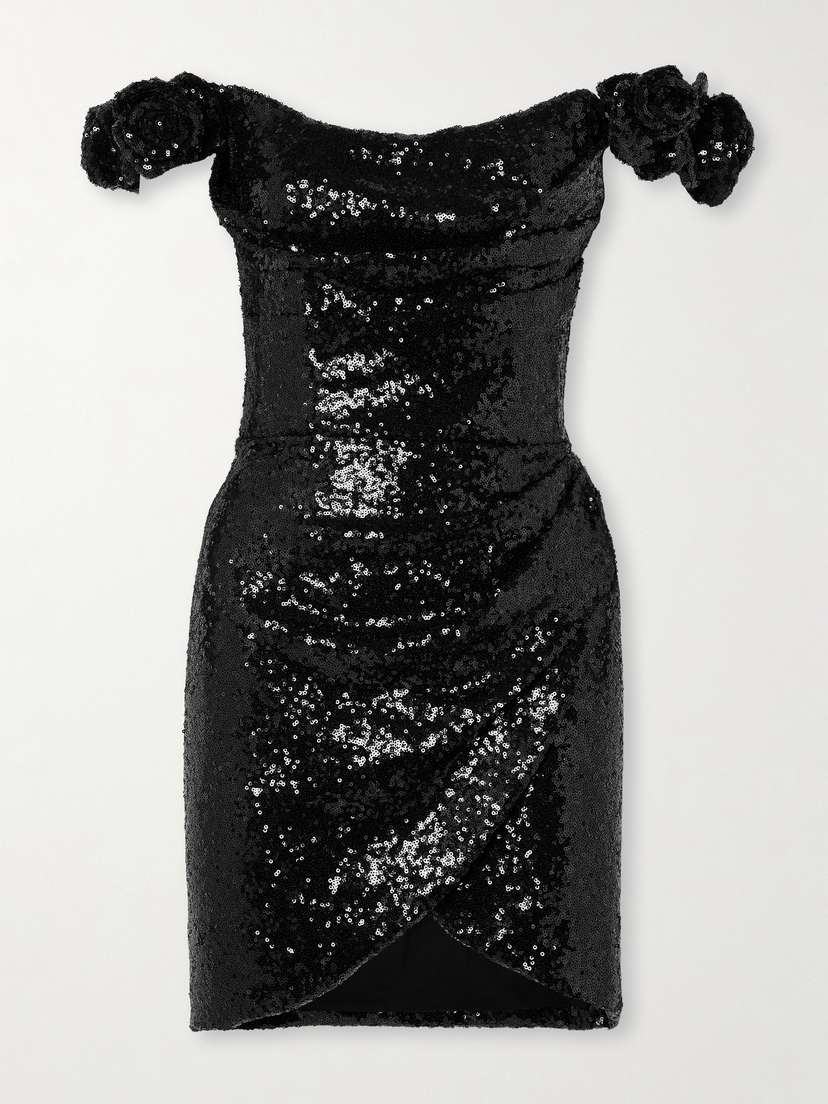 Costarellos Off-the-shoulder Appliquéd Draped Sequined Crepe Mini Dress