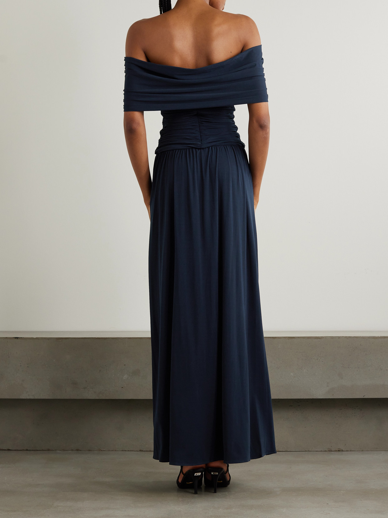 Shop Magda Butrym Off-the-shoulder Ruched Jersey Dress In Blue