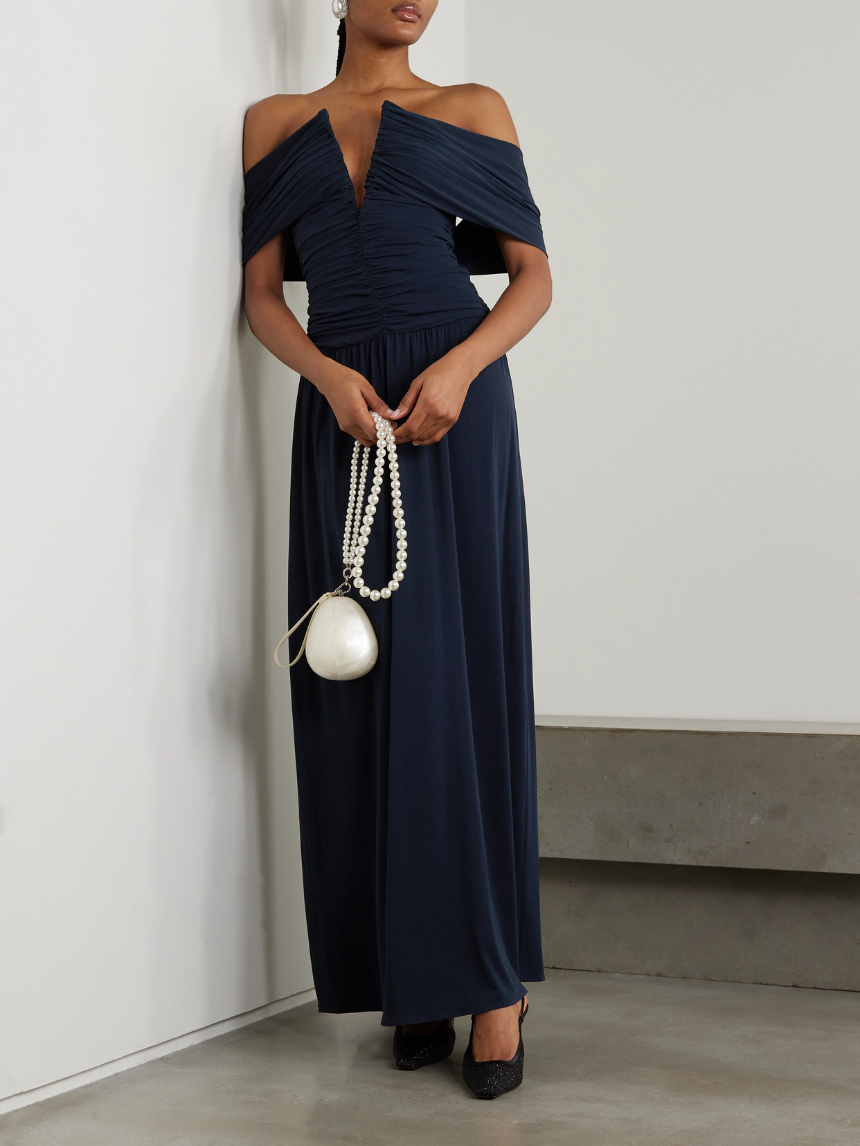 Shop Magda Butrym Off-the-shoulder Ruched Jersey Dress In Blue