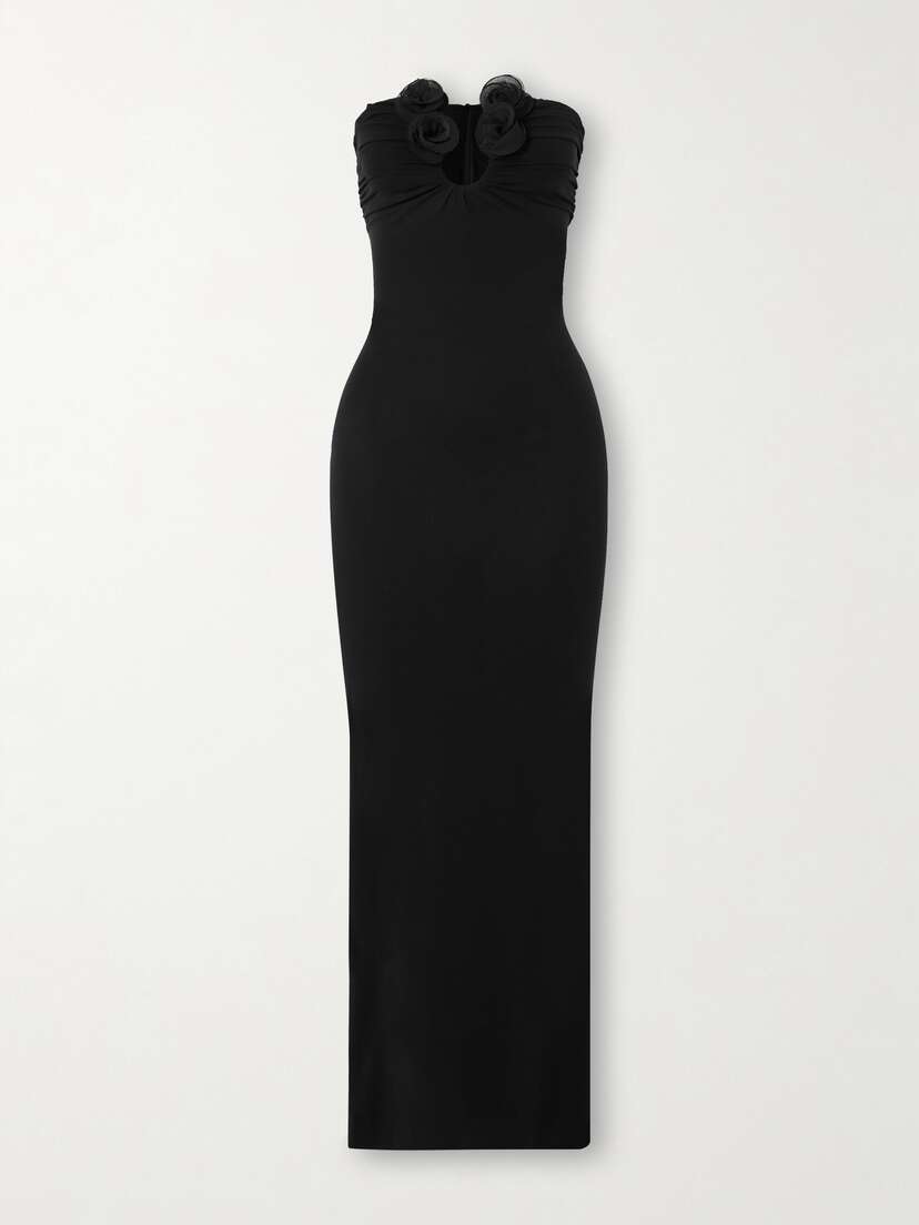 Magda Butrym Strapless Appliquéd Ruched Stretch-jersey Maxi Dress
