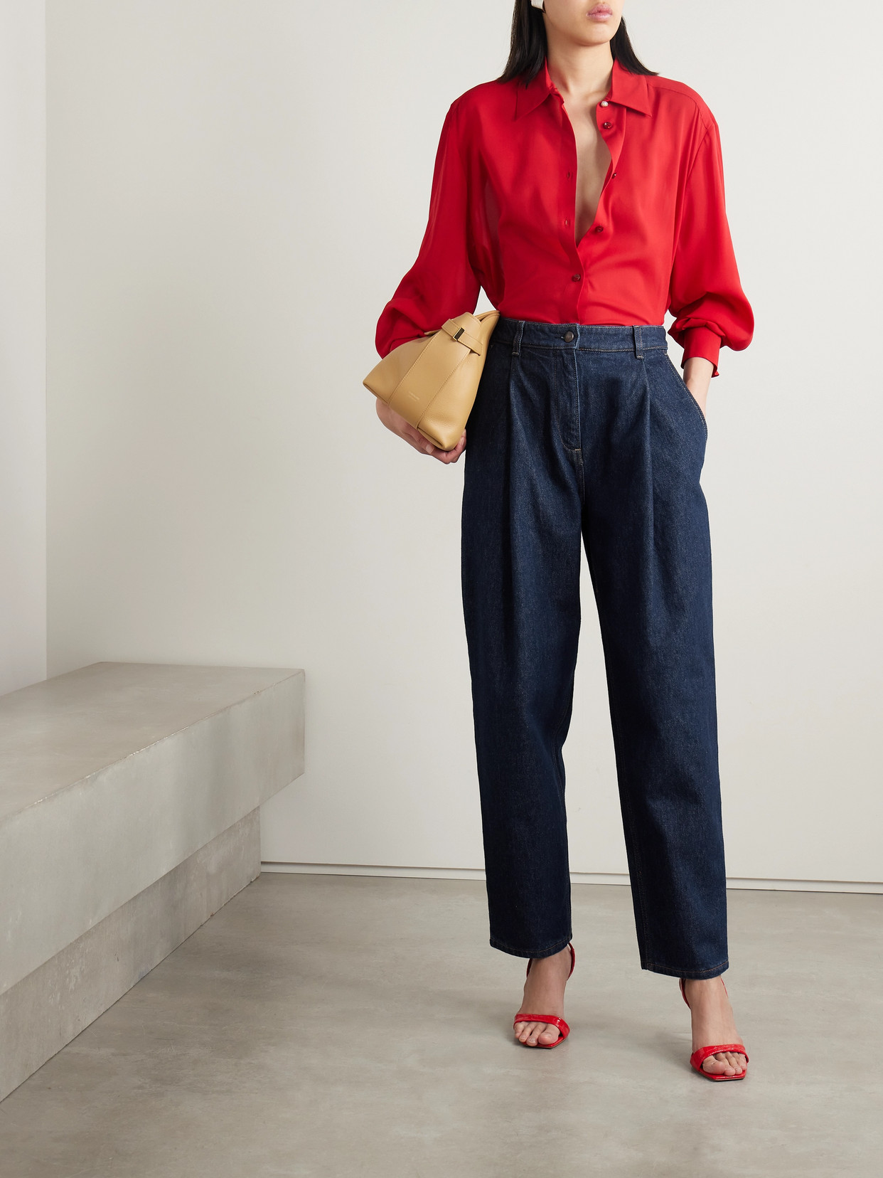 Shop Magda Butrym Toteness Pleated High-rise Tapered Jeans In Blue