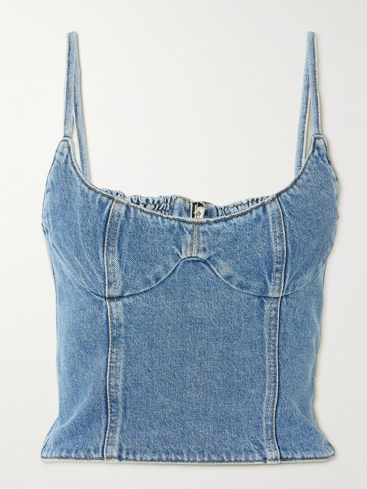 Shop Magda Butrym Cropped Denim Bustier In Blue