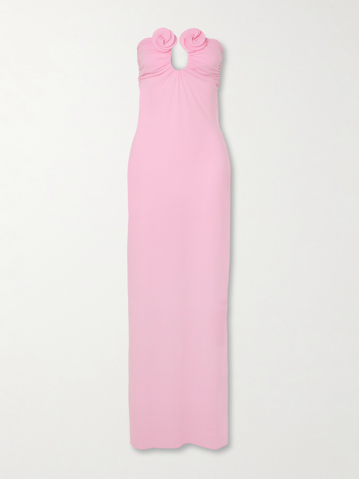 Shop Magda Butrym Strapless Appliquéd Draped Stretch-jersey Maxi Dress In Pink