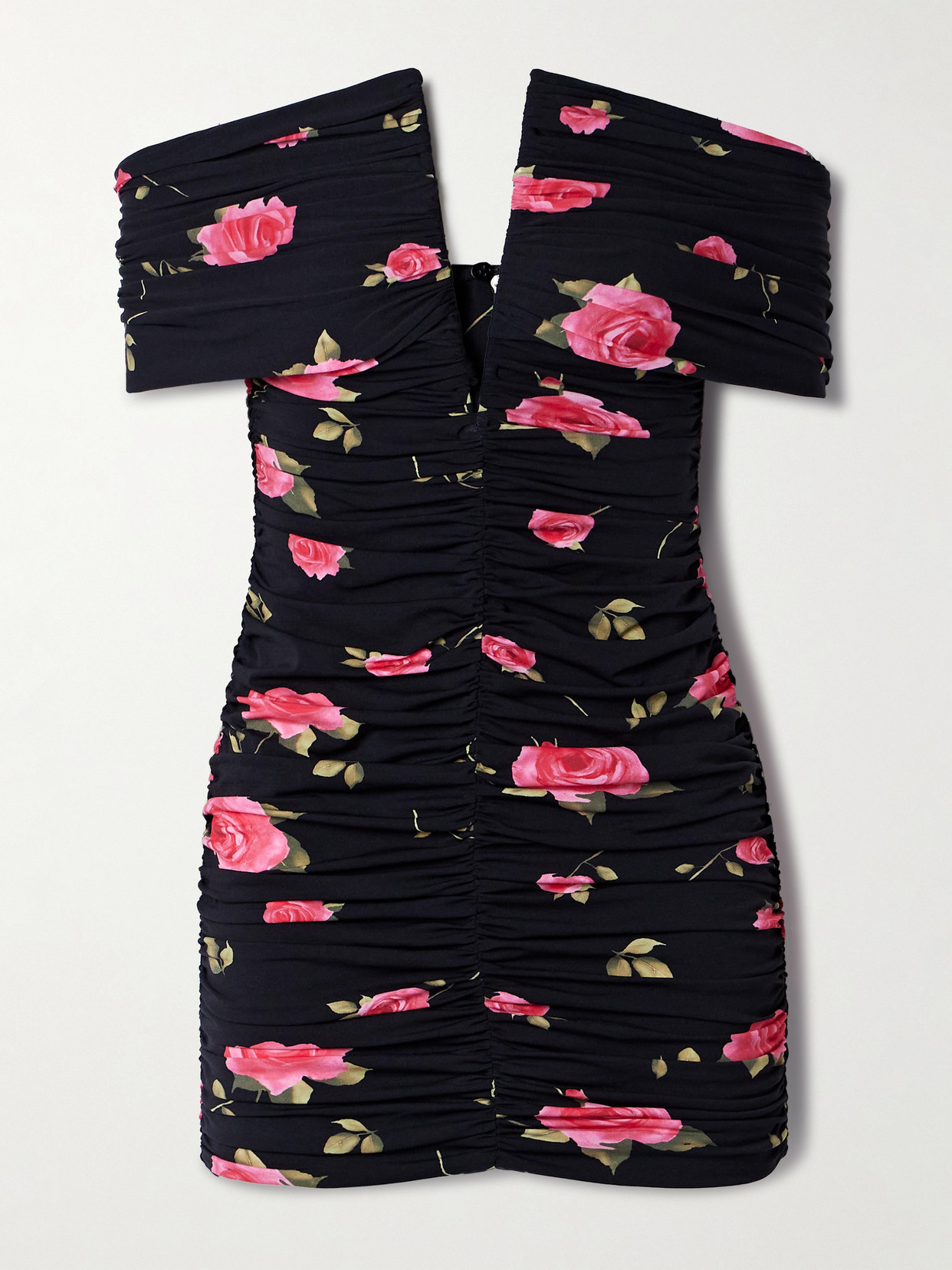 Magda Butrym Off-the-shoulder Ruched Floral-print Stretch-jersey Mini Dress - Black