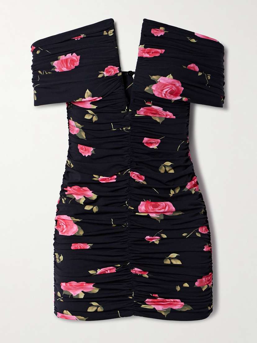 Magda Butrym Off-the-shoulder Ruched Floral-print Stretch-jersey Mini Dress