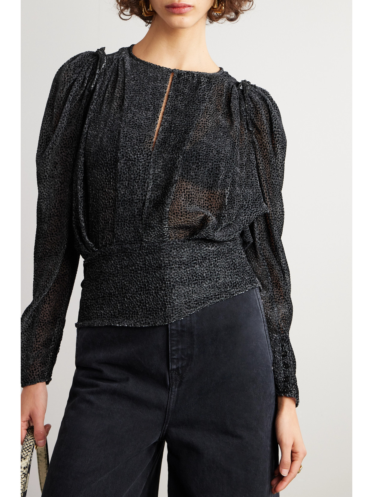 Shop Isabel Marant Zarga Flocked Chiffon Blouse In Black