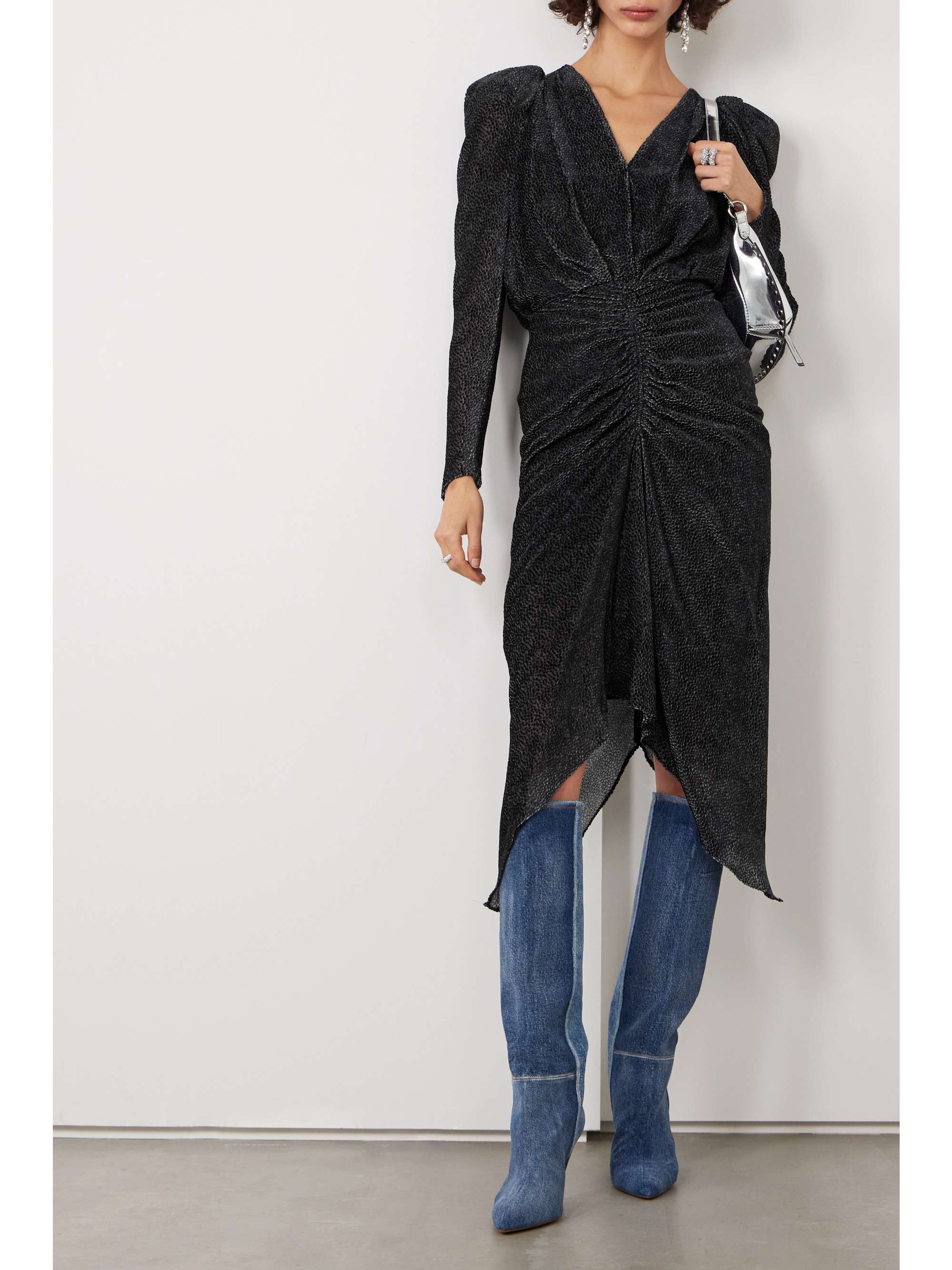Black Maray ruched flocked silk-blend chiffon midi dress Black Maray ruched flocked silk-blend chiffon midi dress