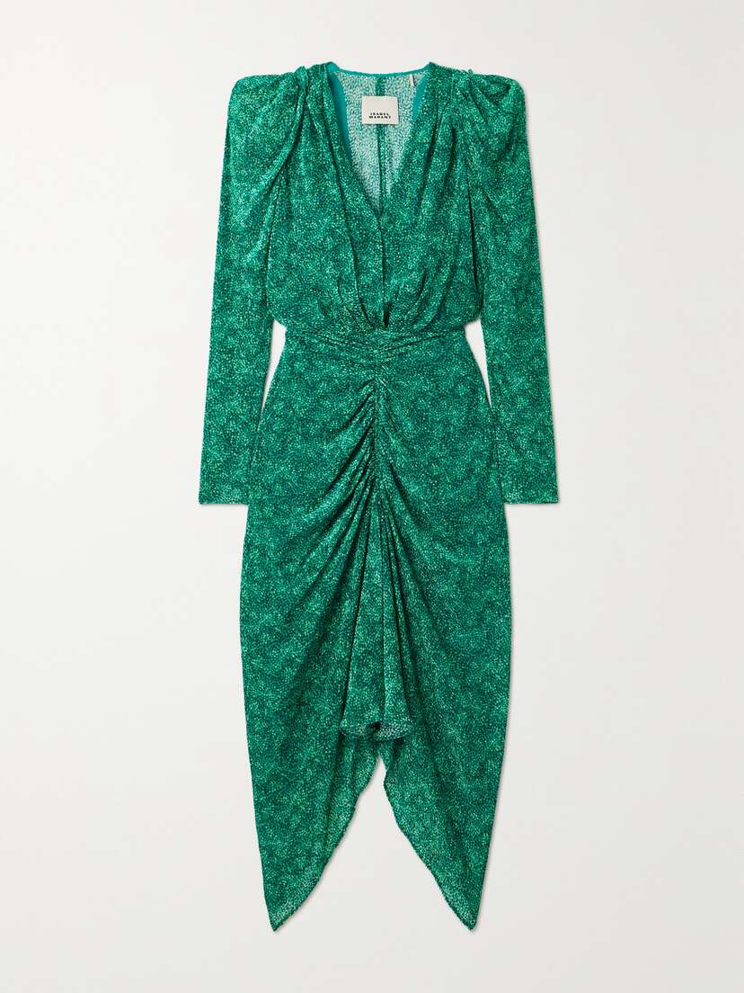 Isabel Marant Maray Ruched Flocked Silk-blend Chiffon Midi Dress