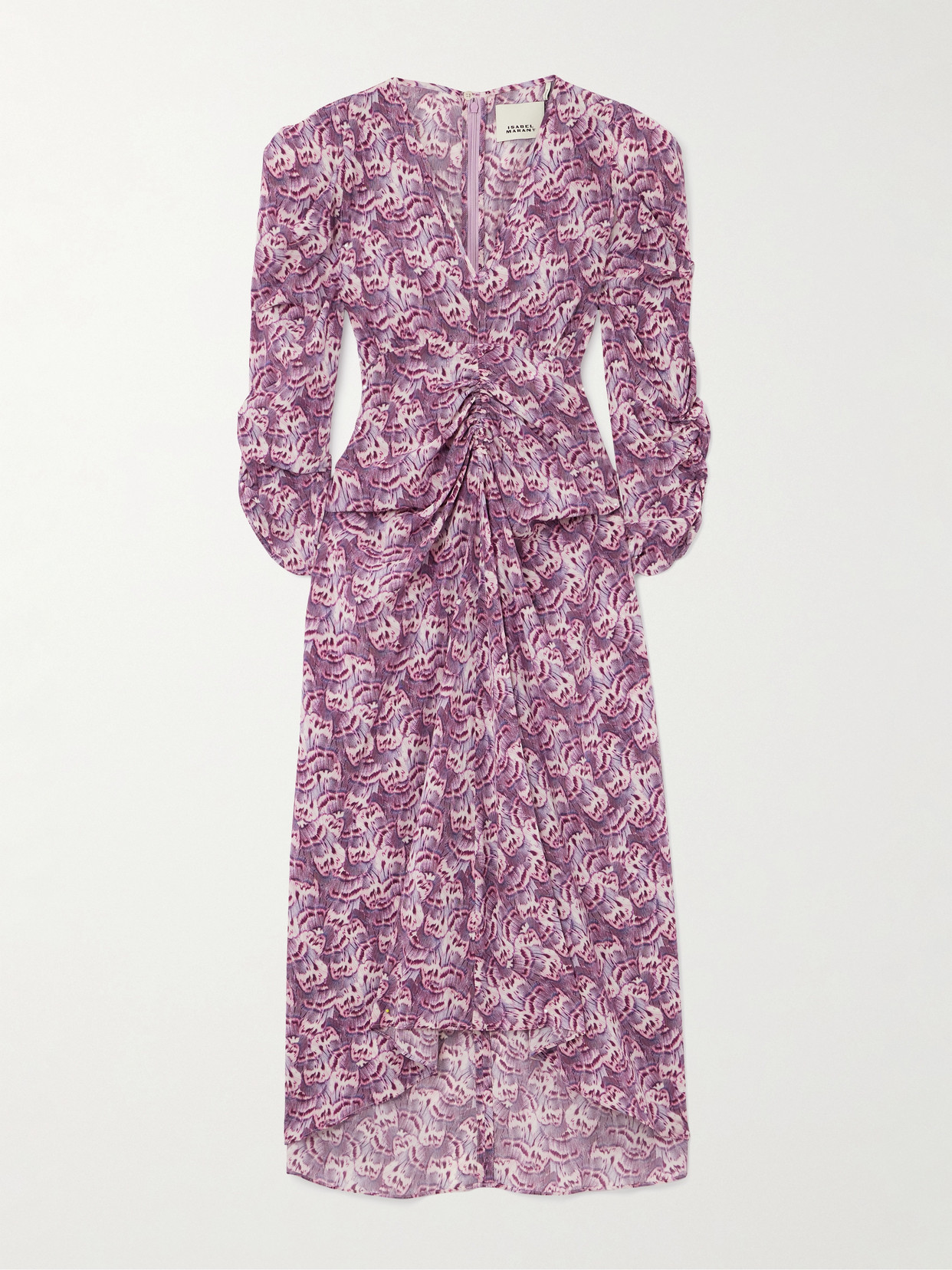 Shop Isabel Marant Albini Gathered Printed Silk-blend Midi Dress In Purple