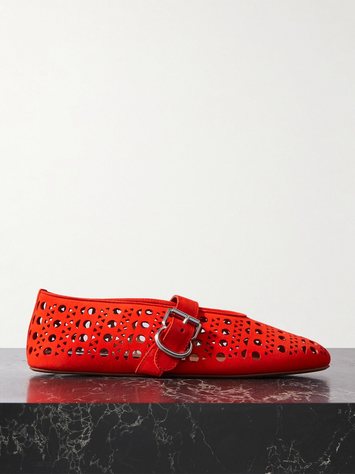 Alaïa Leather-trimmed Perforated Suede Ballet Flats