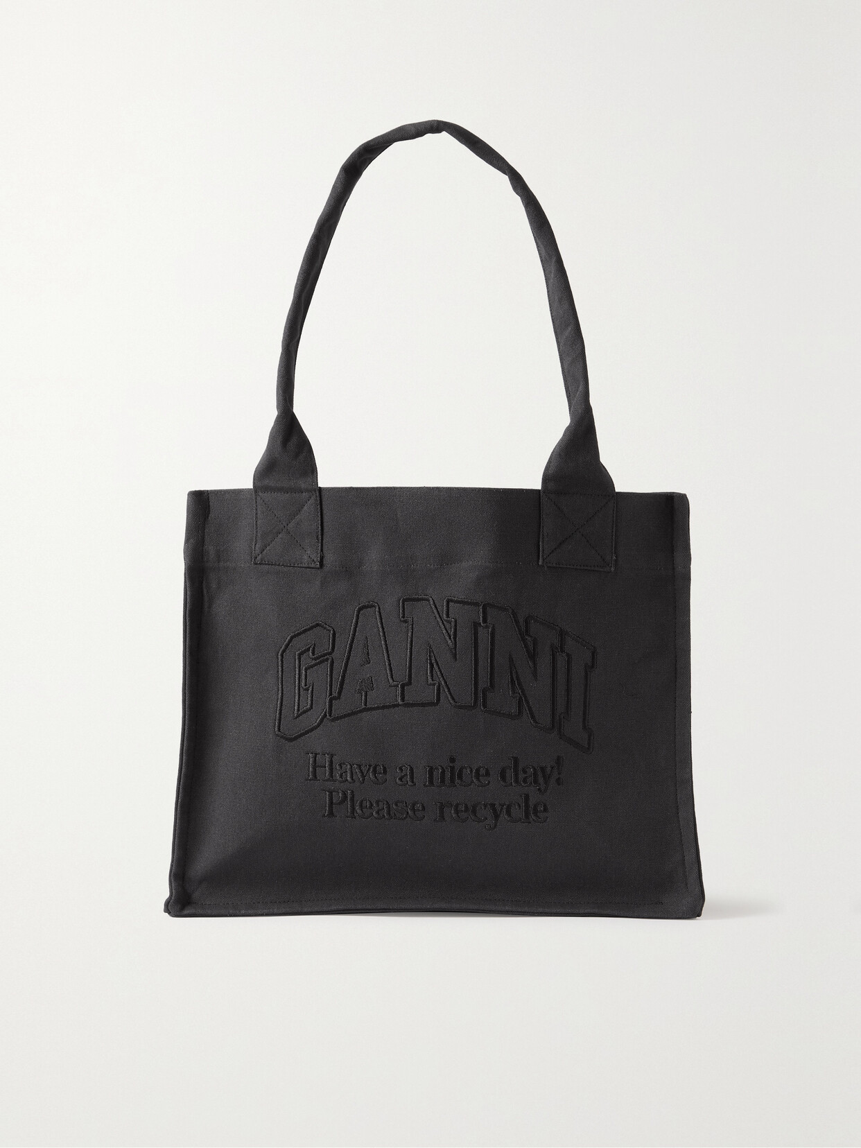 Ganni Easy Large Embroidered Recycled Cotton-canvas Tote In Black