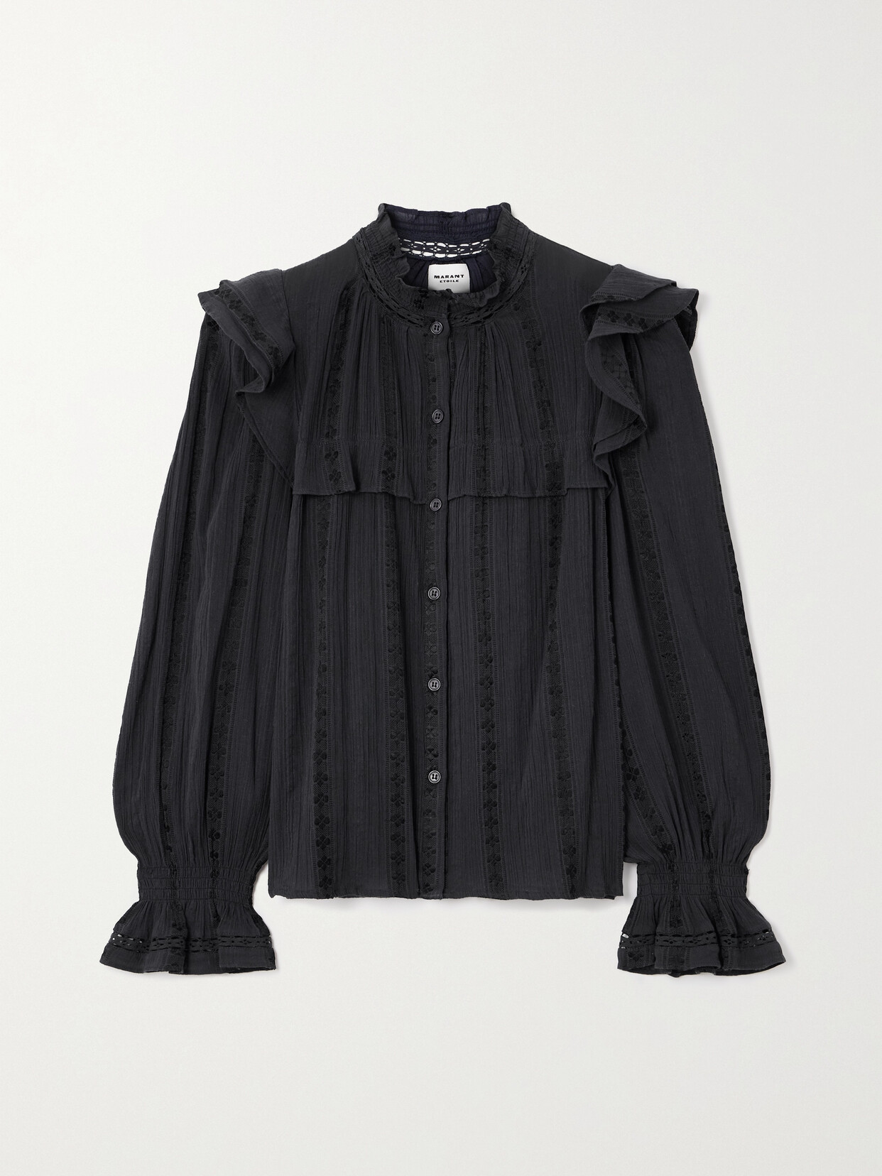 Marant Étoile Jatedy Ruffled Crochet-trimmed Cotton-blend Crepon Blouse - Black