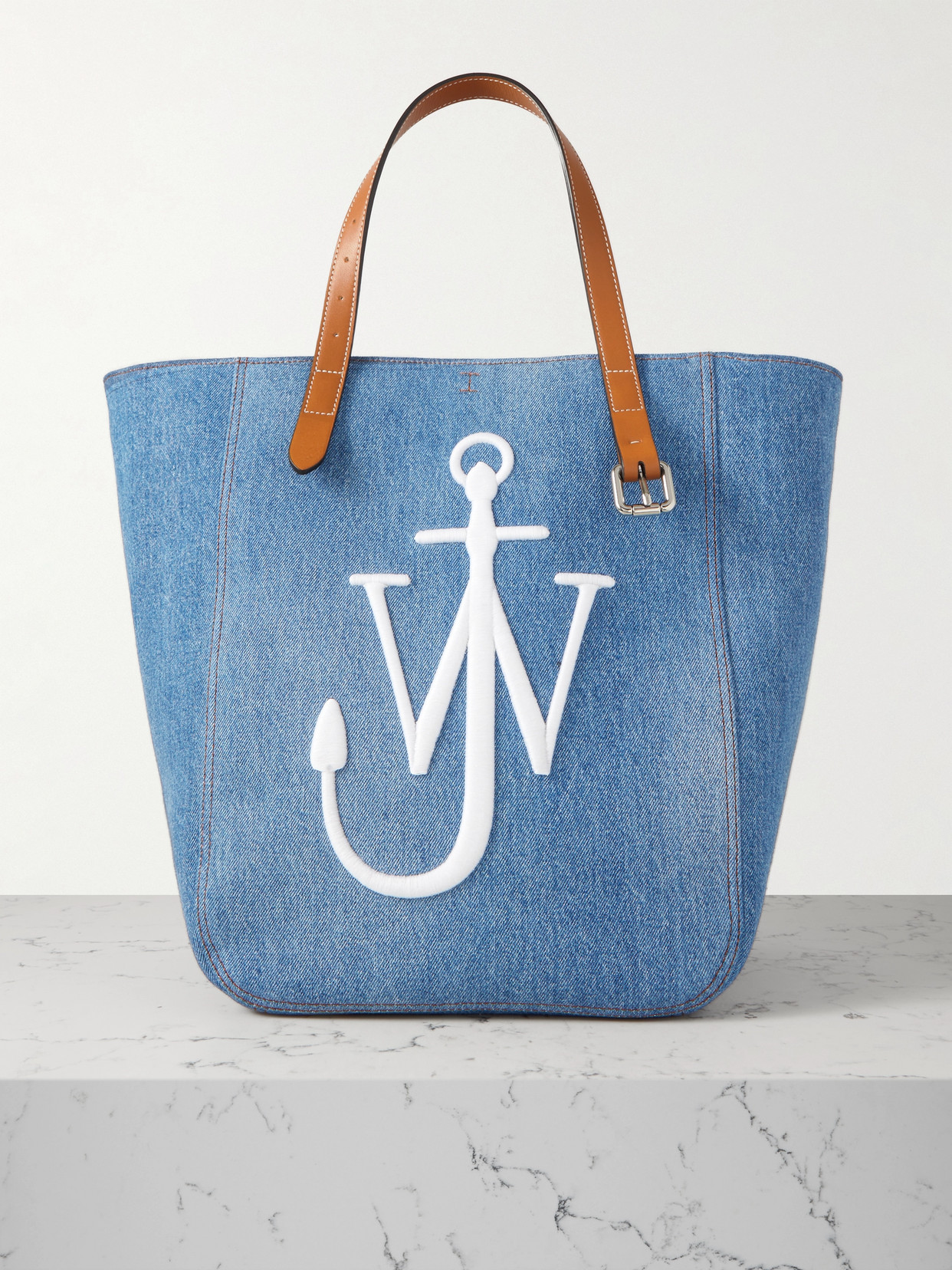 Jw Anderson Cabas Leather-trimmed Embroidered Denim Tote In Blue