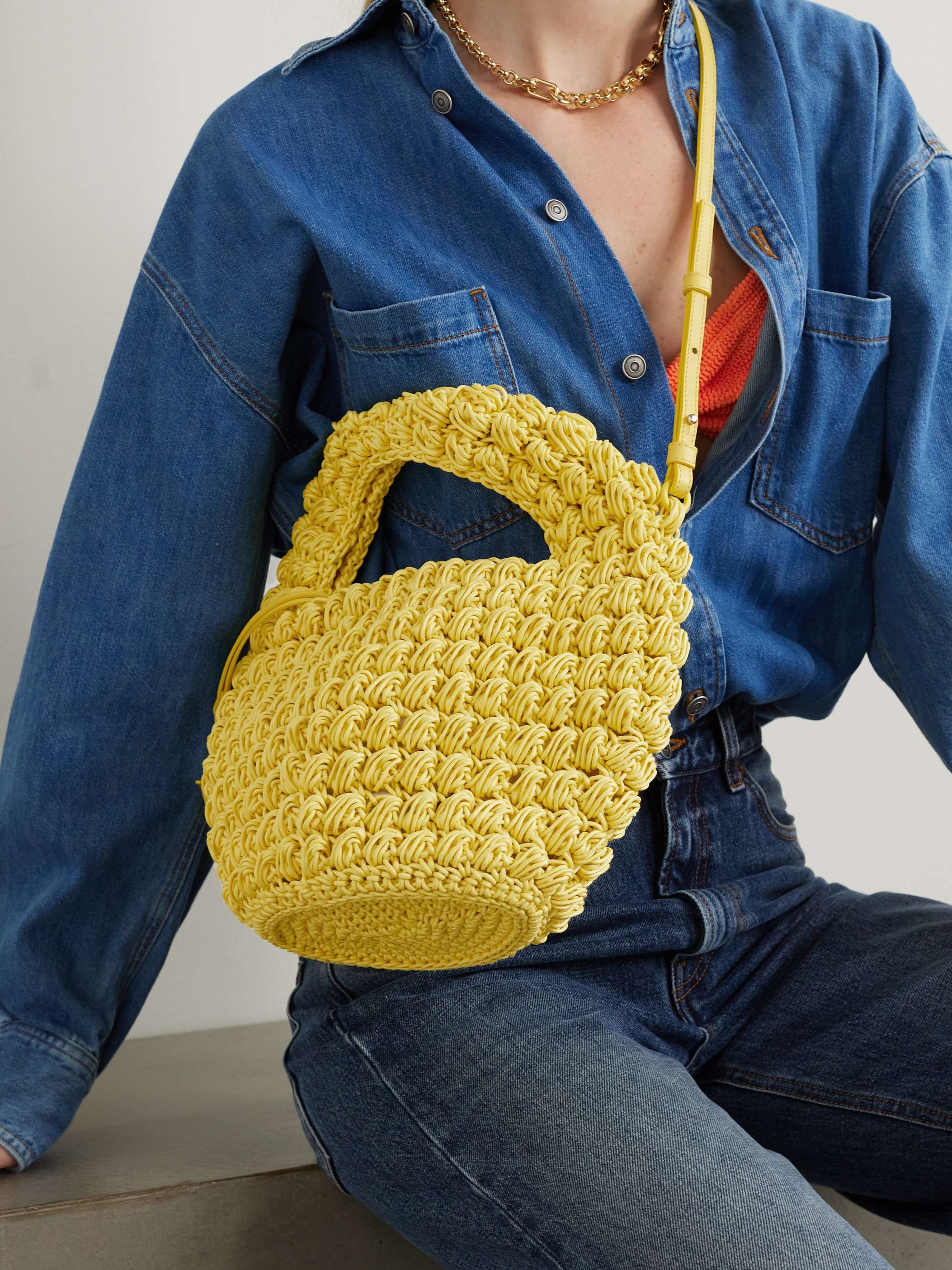 JW ANDERSON Popcorn Basket leathertrimmed crocheted waxedcotton tote