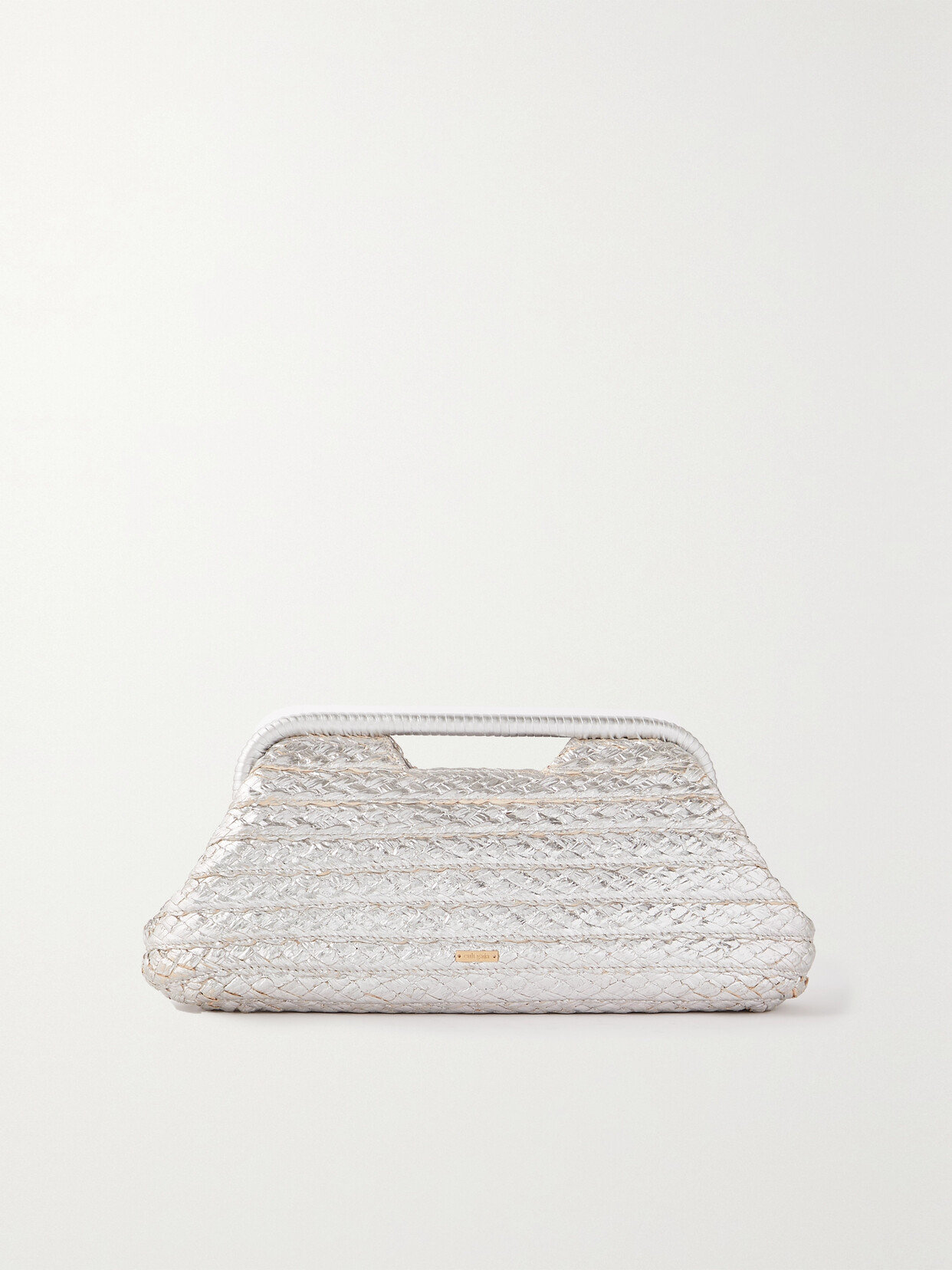 Cult Gaia Aurora Large Leather-trimmed Metallic Raffia Clutch In Silver